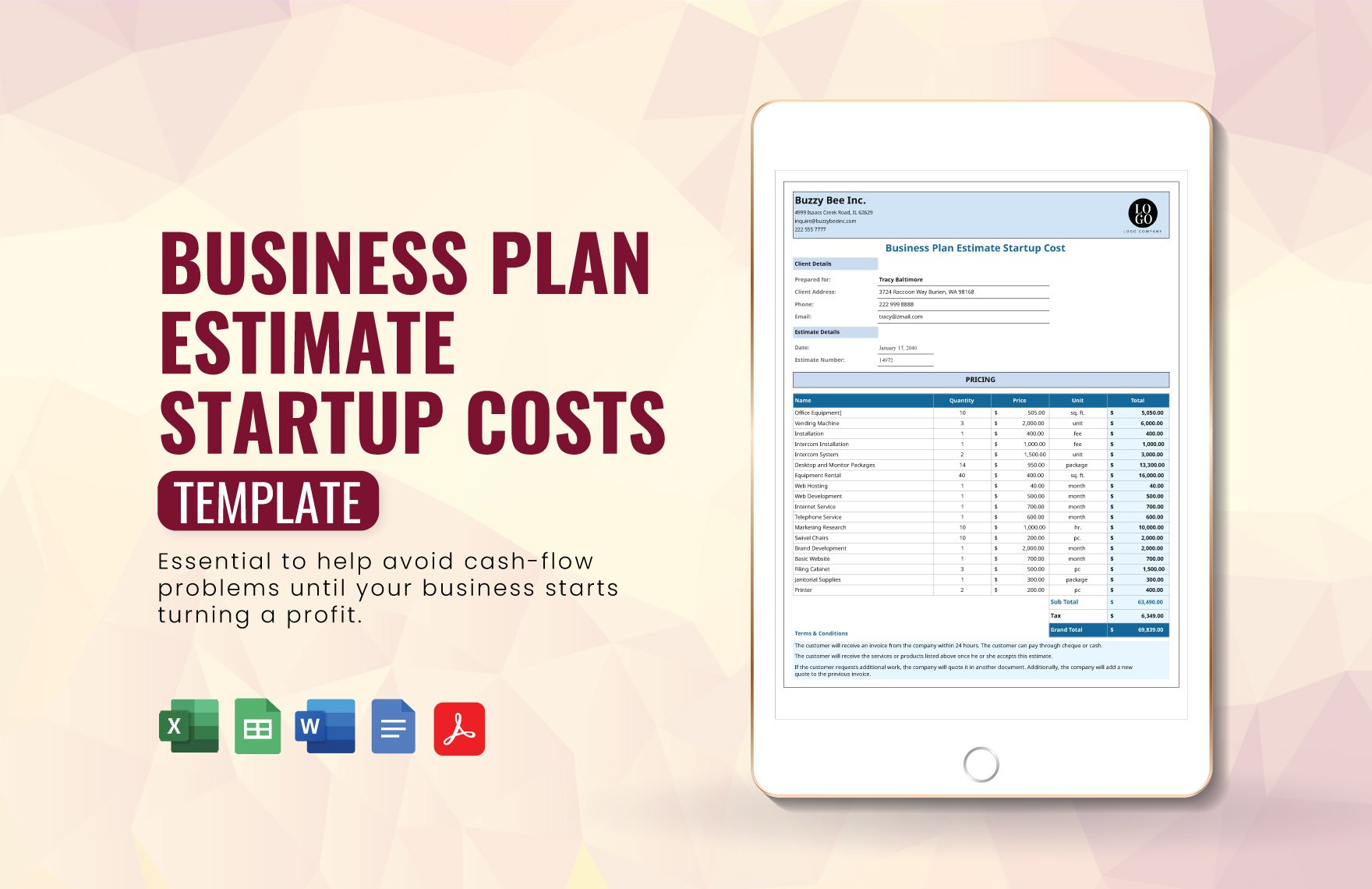Business Plan Estimate Startup Costs Template