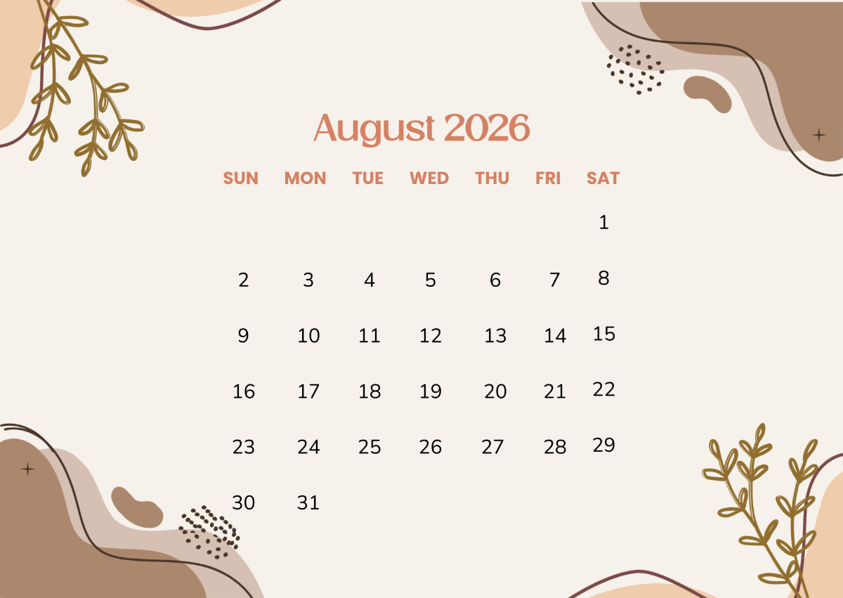 Free Beige Romantic August 2026 Calendar Template to Edit Online
