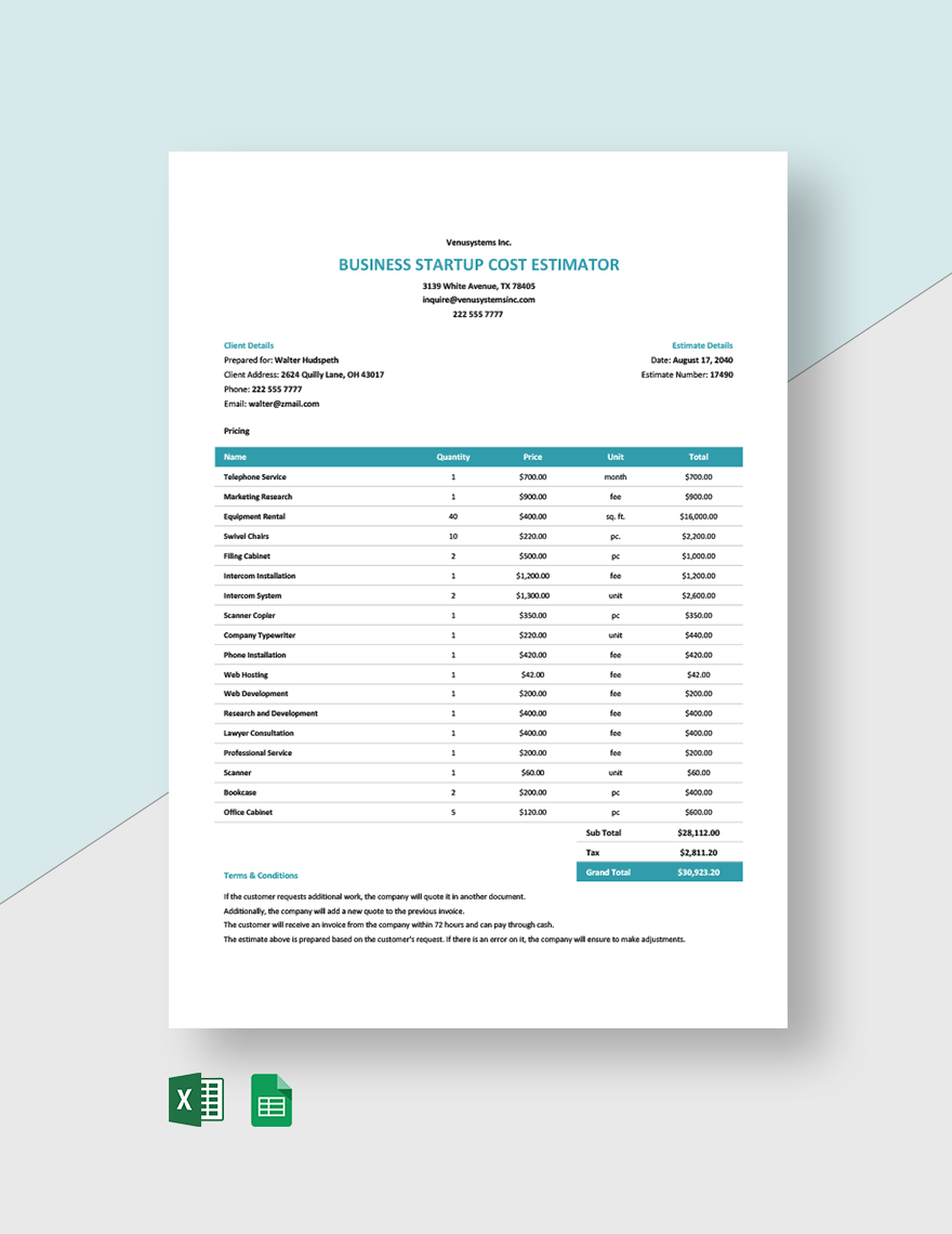 Business Startup Cost Estimator Template