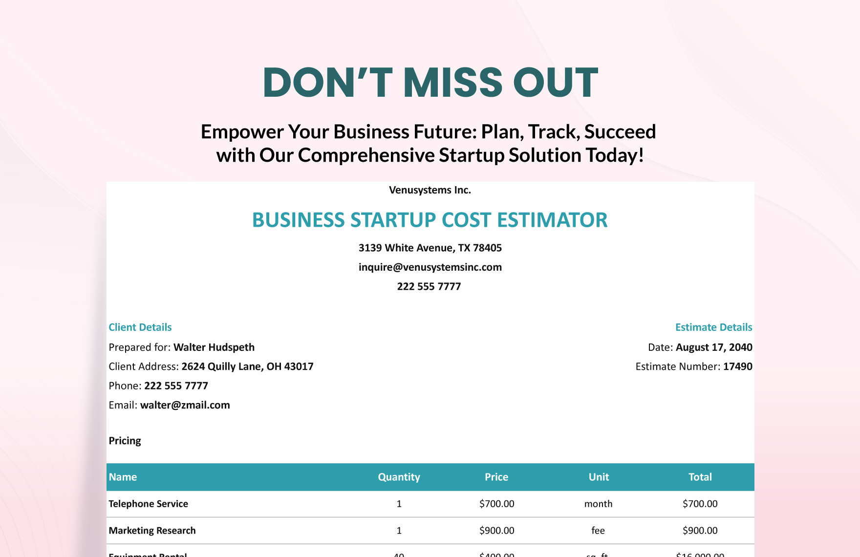Business Startup Cost Estimator Template