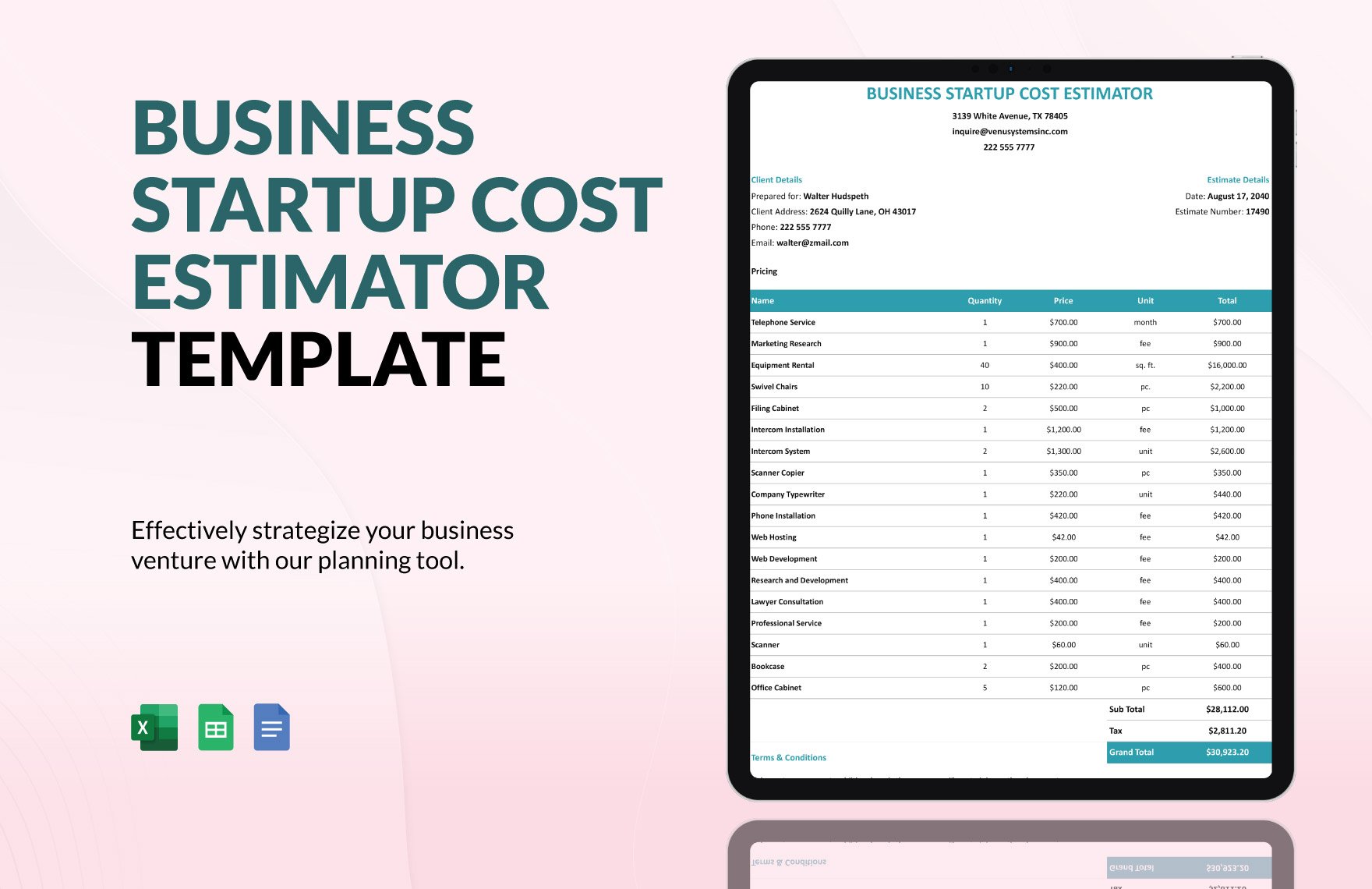 Business Startup Cost Estimator Template in Google Docs, Excel, Google Sheets
