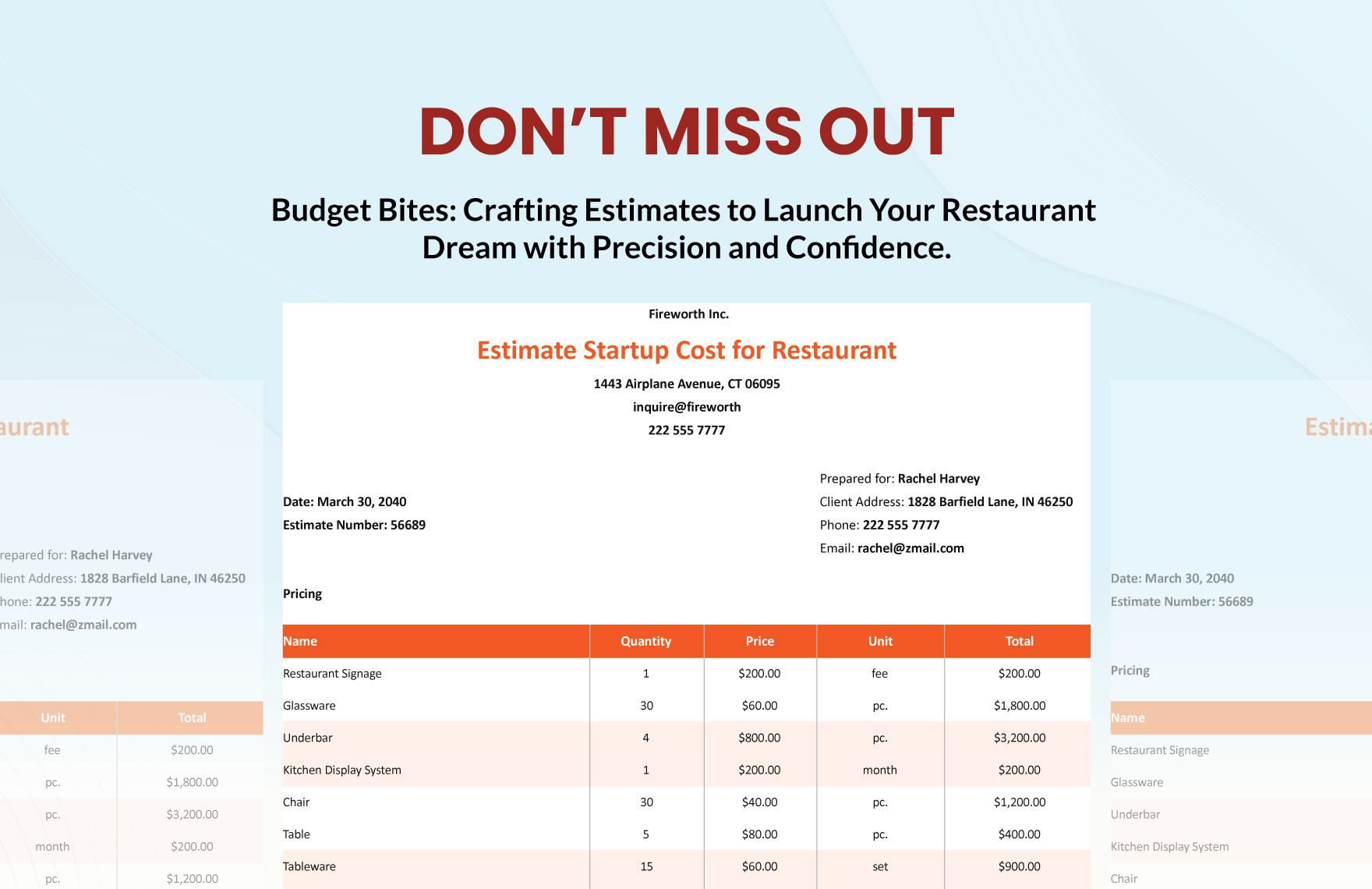 Estimate Startup Cost for Restaurant Template