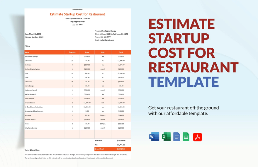 Estimate Startup Cost for Restaurant Template