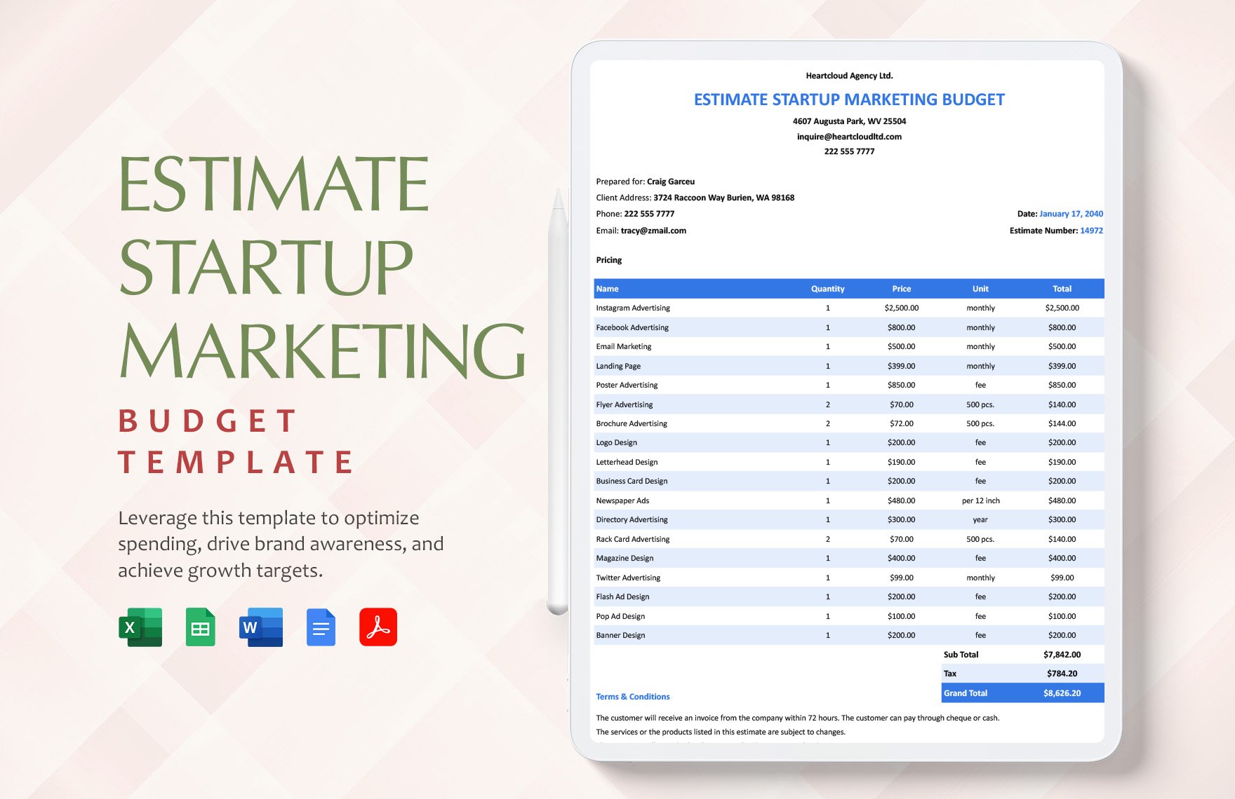 Estimate Startup Marketing Budget Template in Word, Google Docs, Excel, PDF, Google Sheets