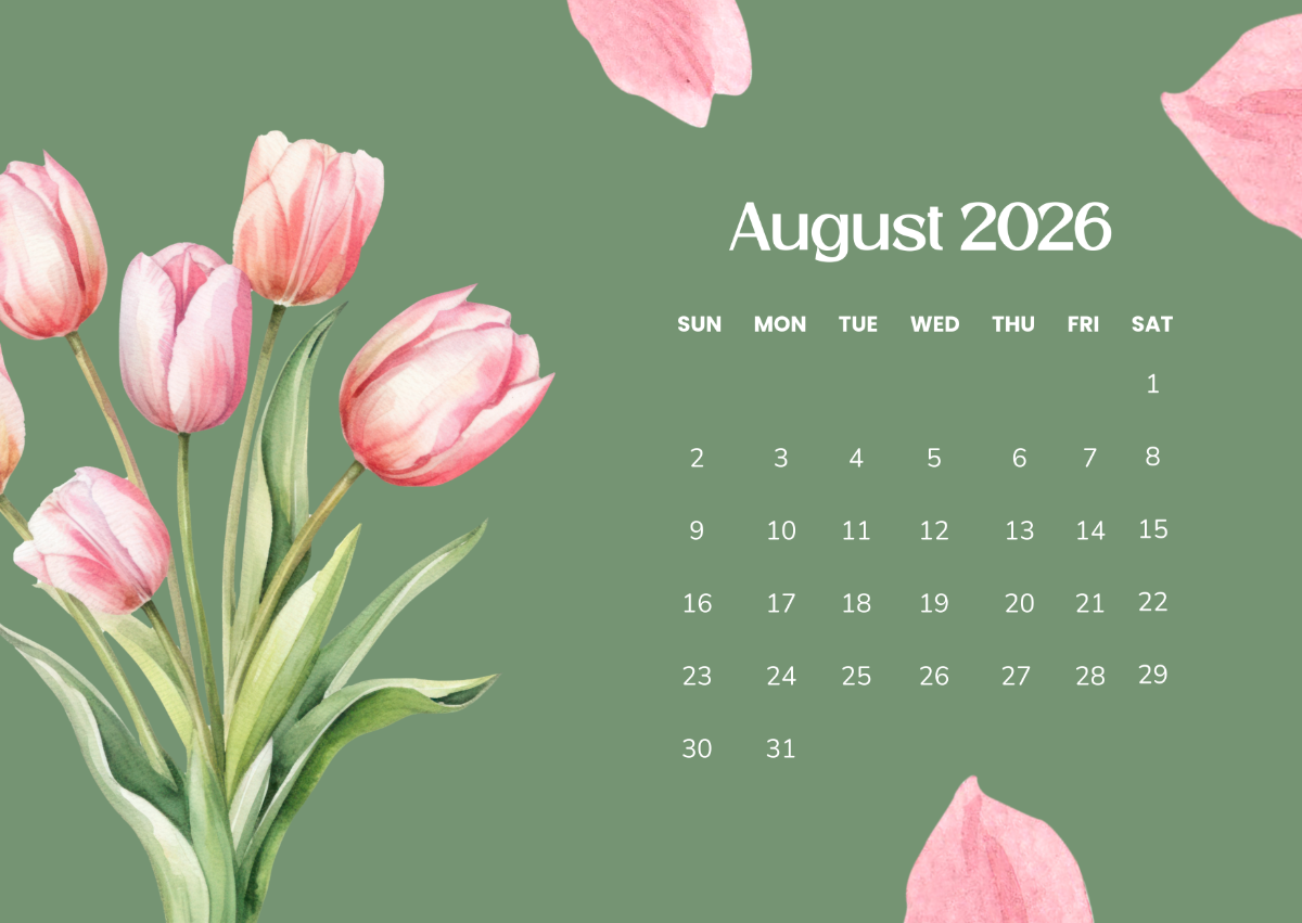 Free Pink Green August 2026 Calendar Template to Edit Online