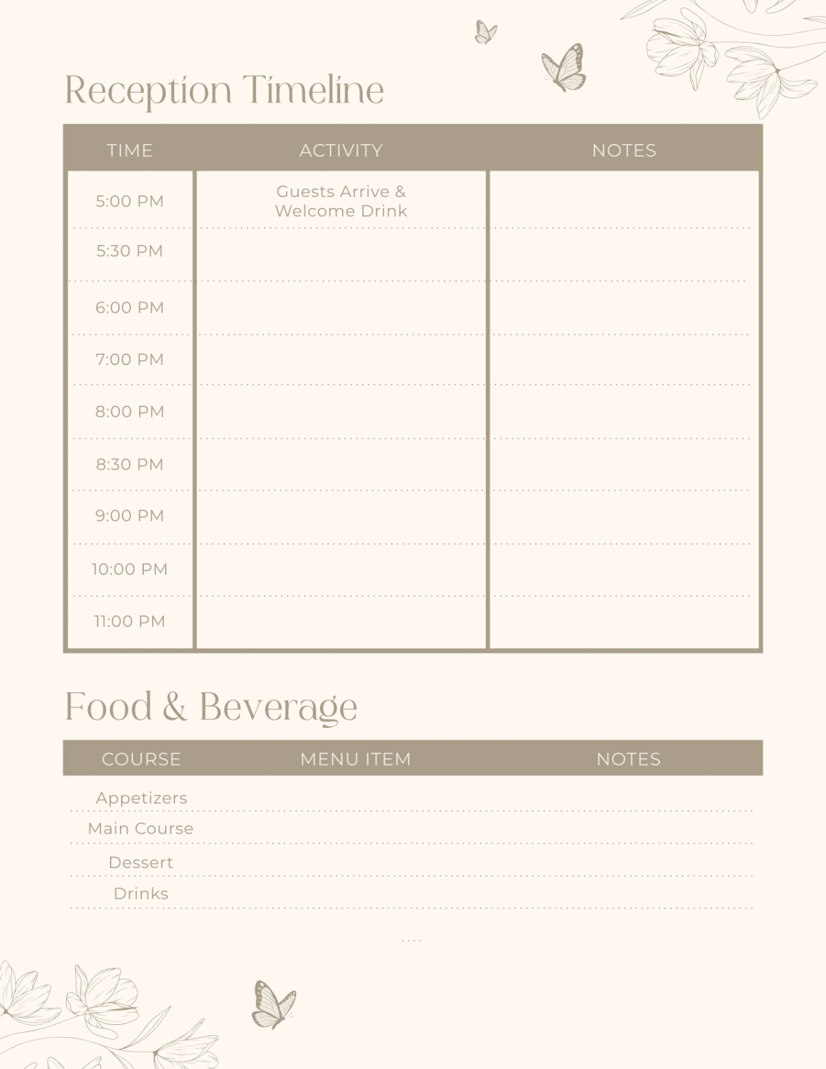 Free Wedding Reception Planner Template to Edit Online