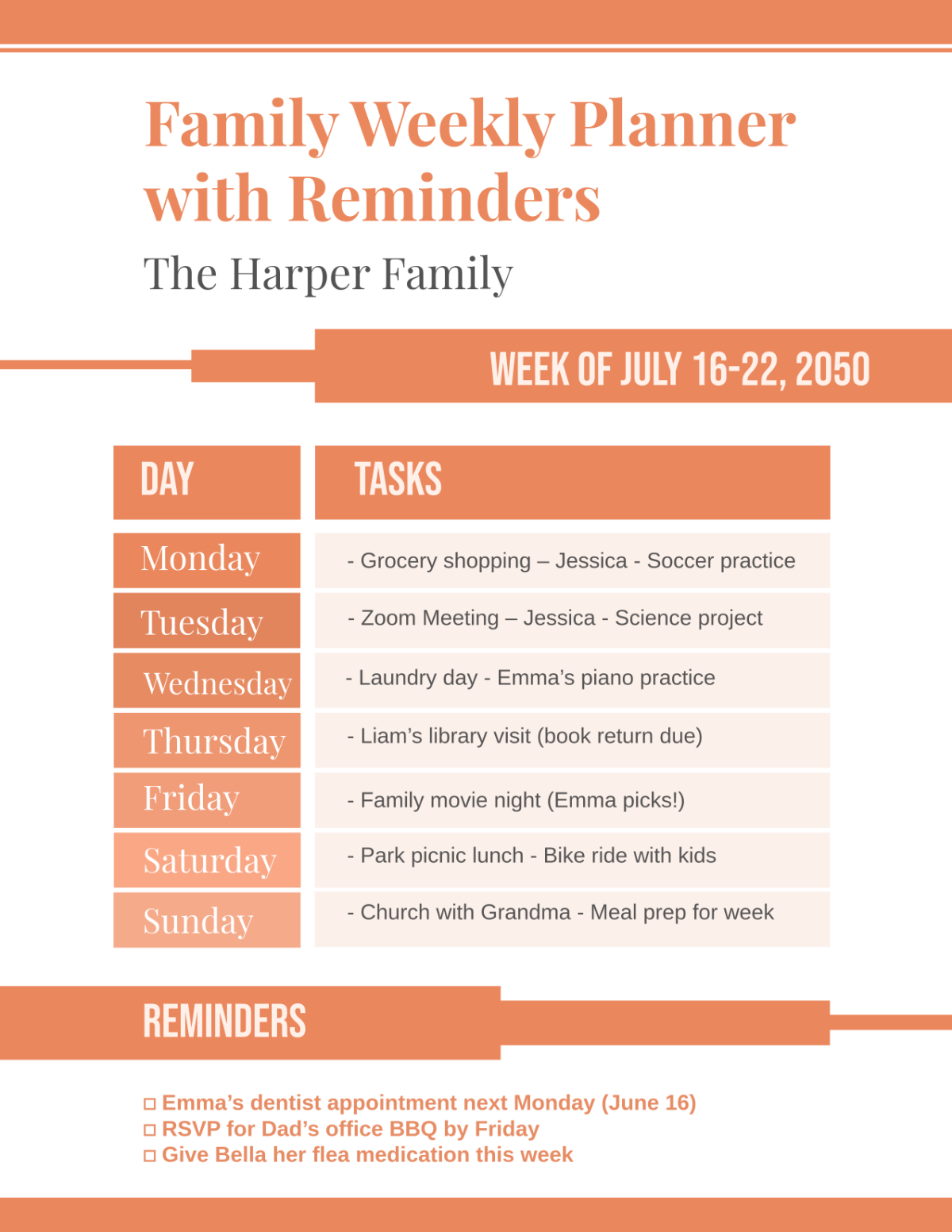 Free Family Planner with Reminders Template