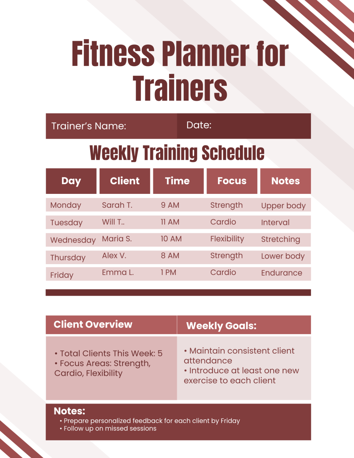 Free Fitness Planner for Trainers Template