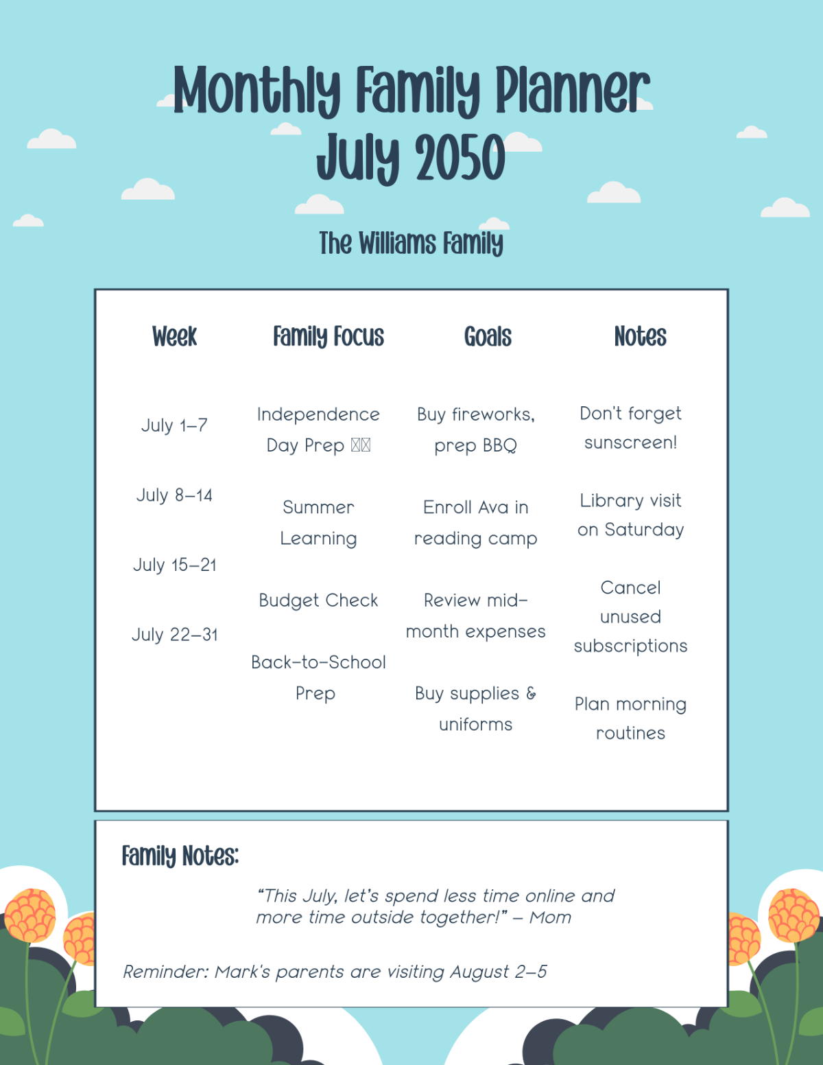 Free Simple Monthly Family Planner Template