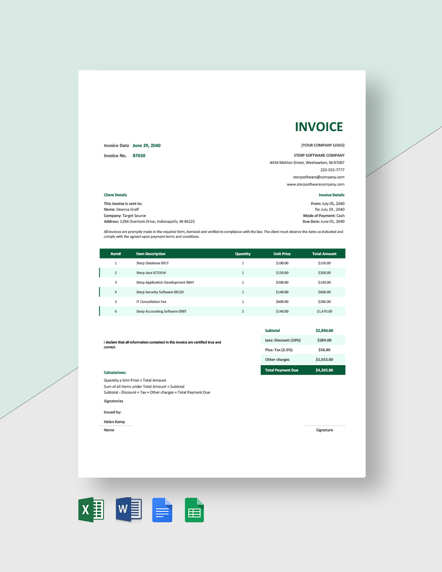 Software Startup Invoice Template in Excel, Word, Google Sheets, Google Docs, Pages - Download | Template.net