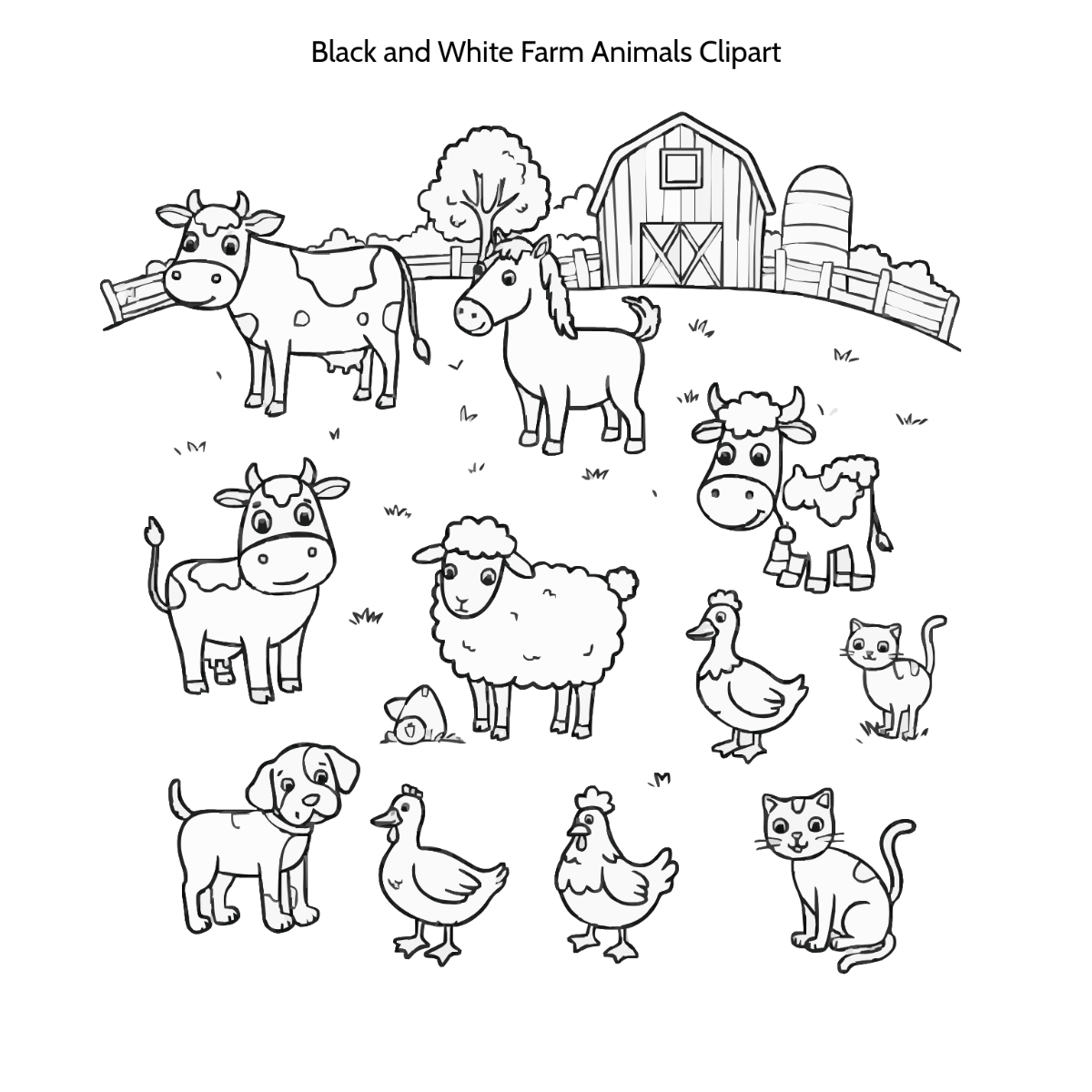 Free Black and White Farm Animals Clipart Template