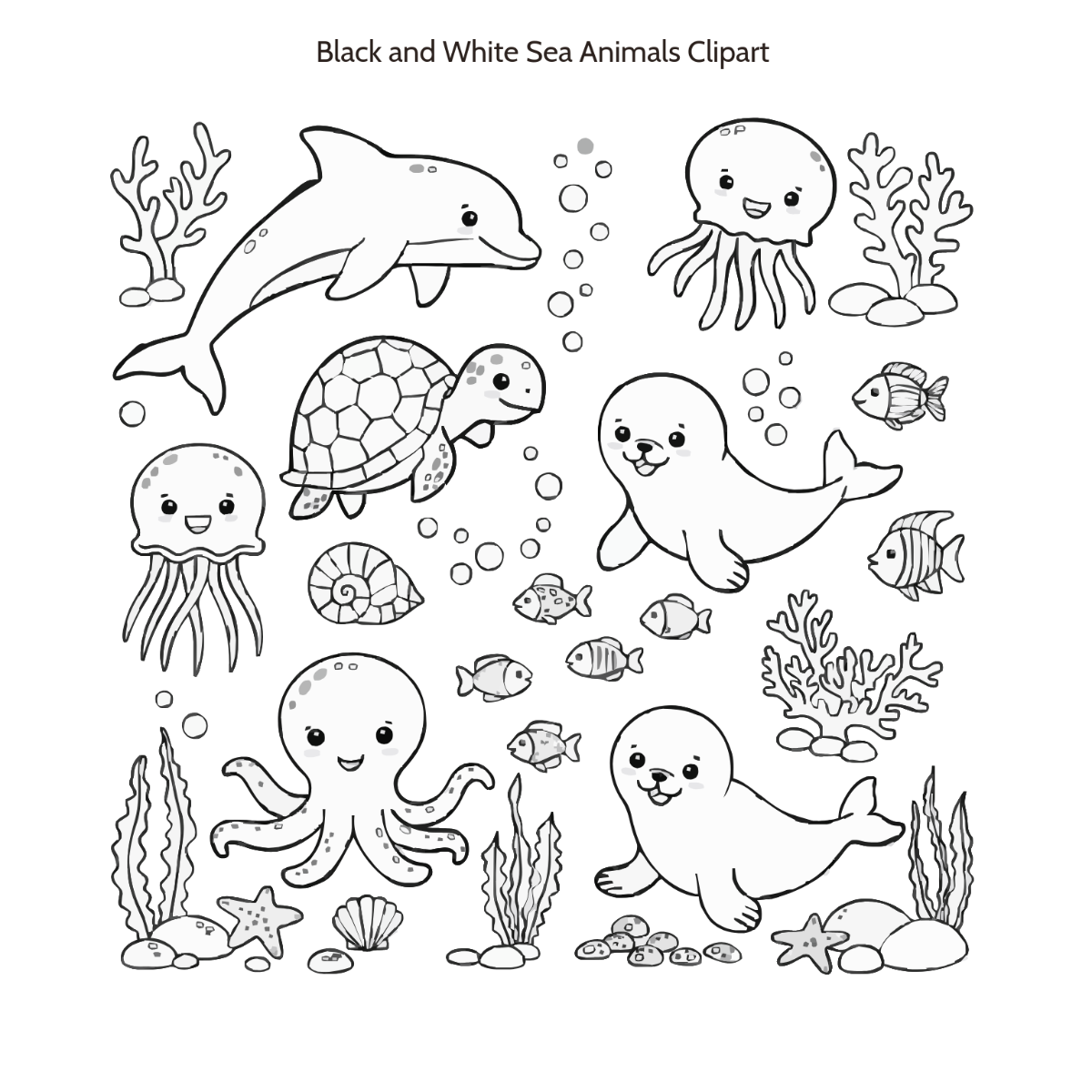 Free Sea Animals Clipart Black and White Template