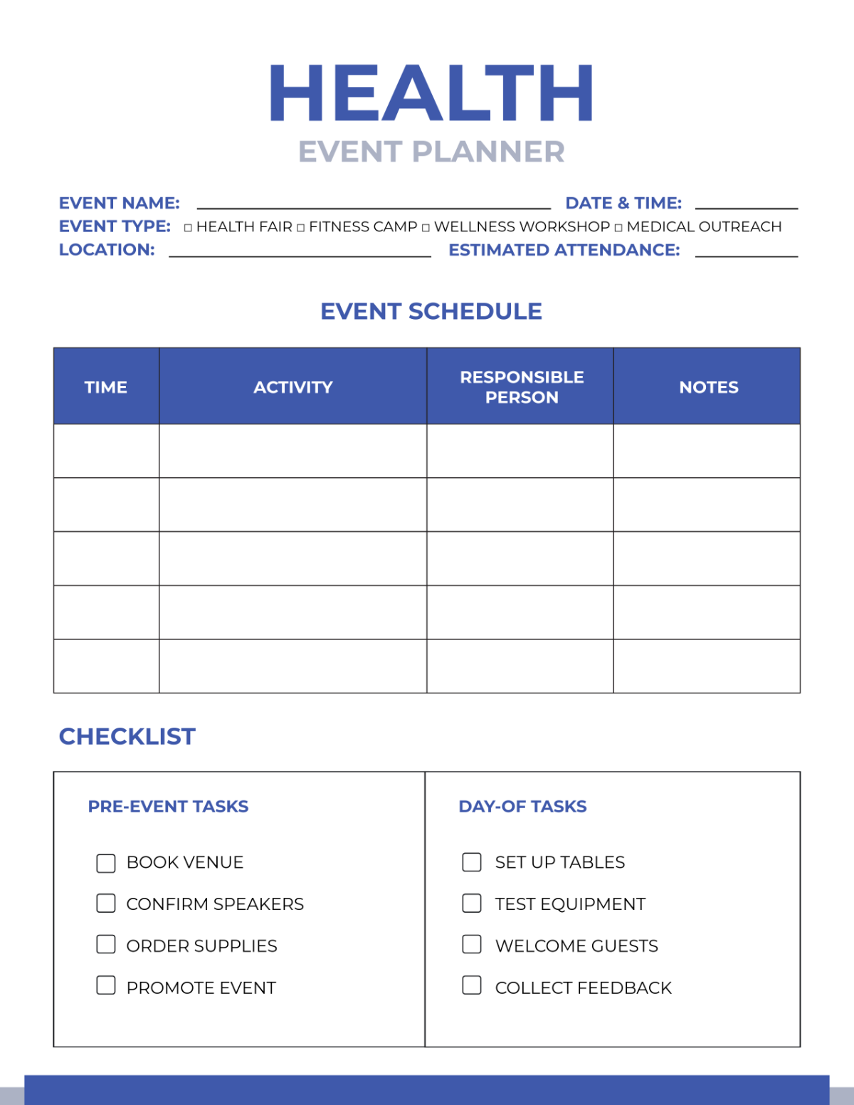 Free Blue and White Health Event Planner Template
