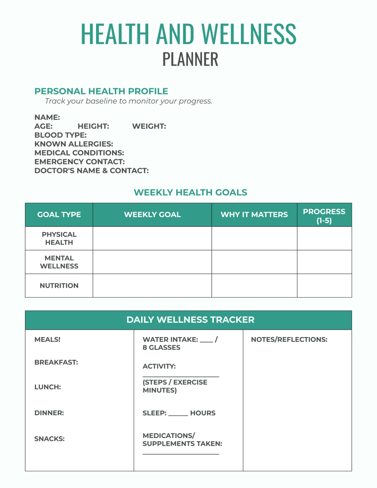 Free Health and Wellness Planner Template