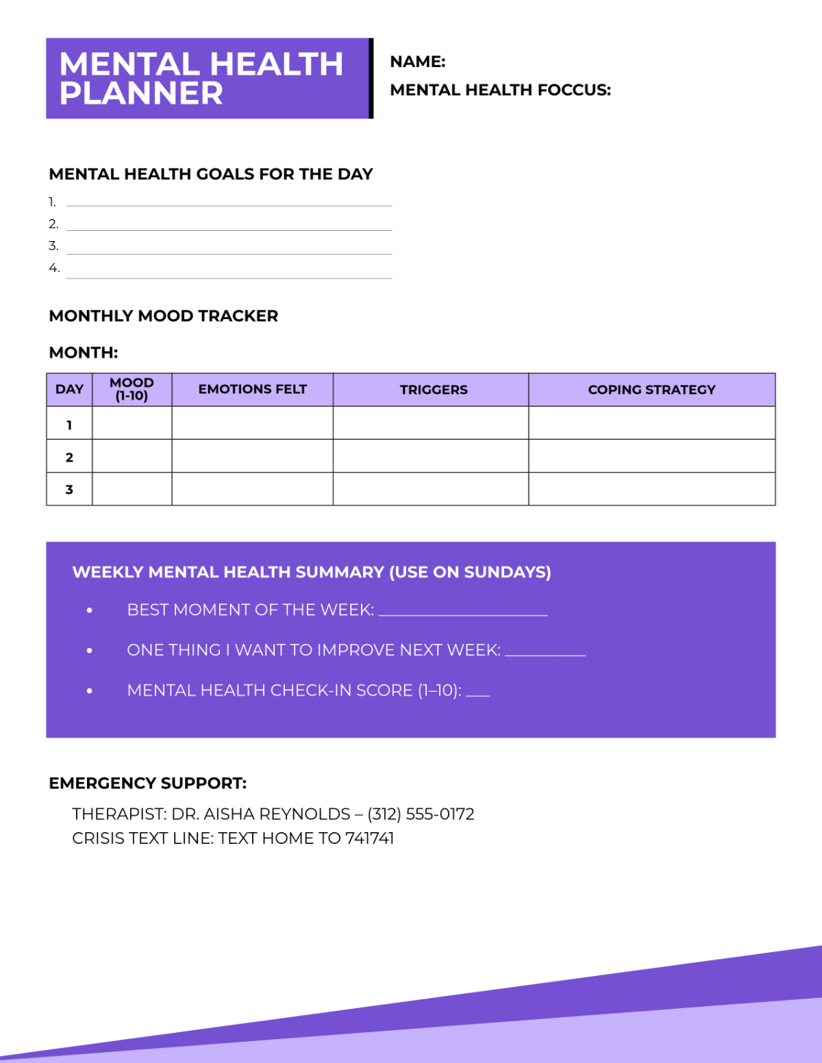 Free Simple Mental Health Planner Template
