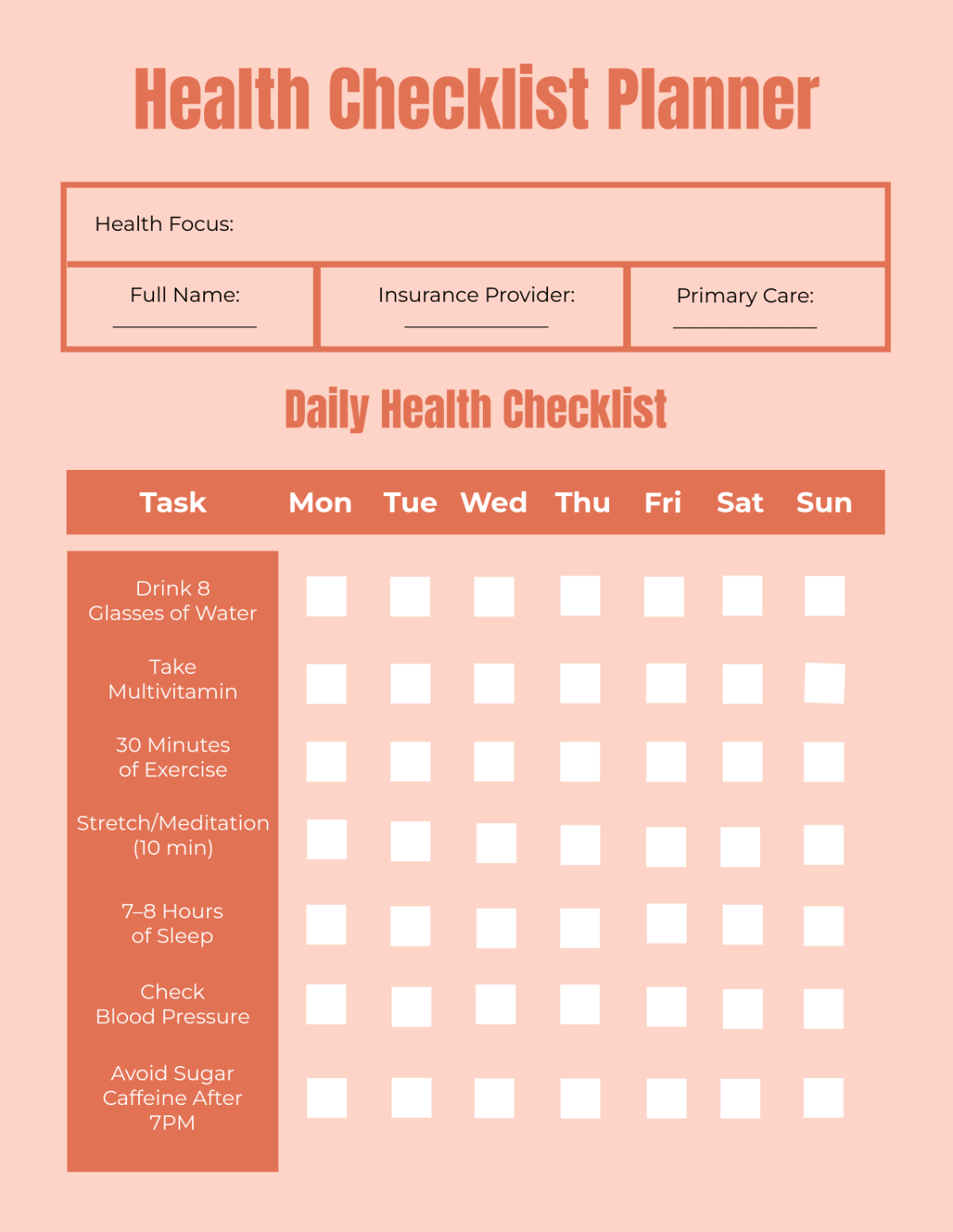 Free Health Checklist Planner Template