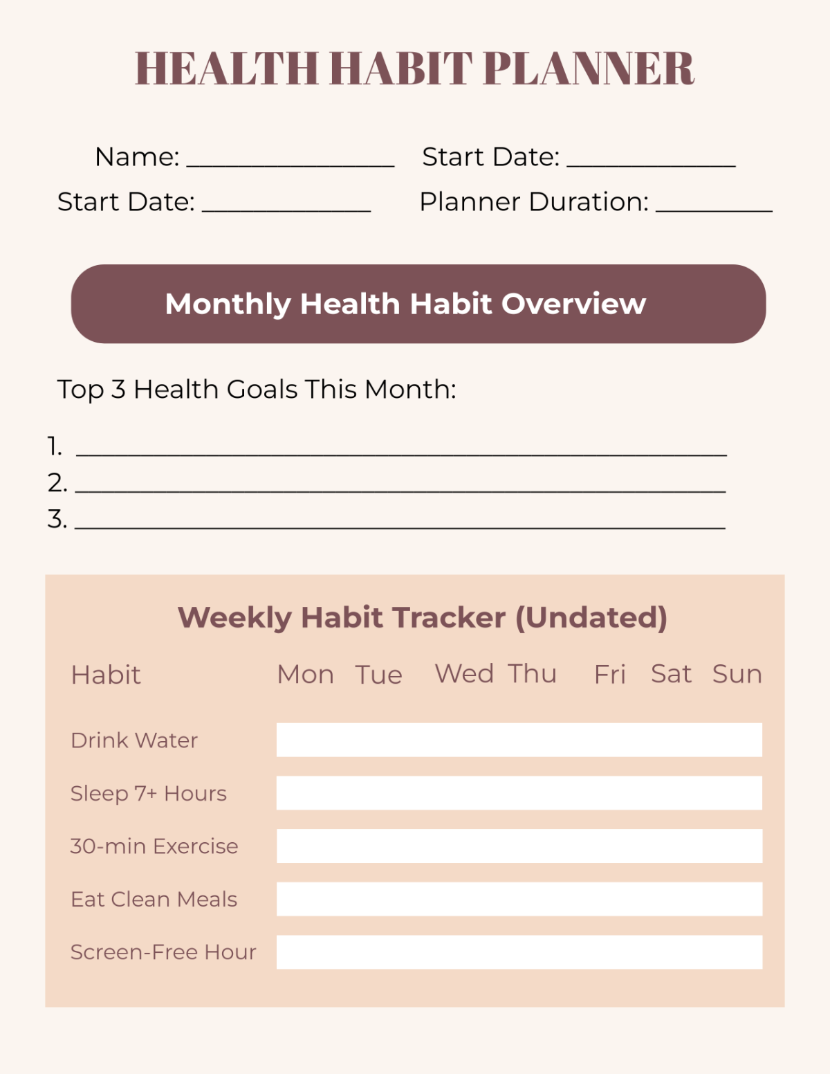 Free Health Habit Planner Template