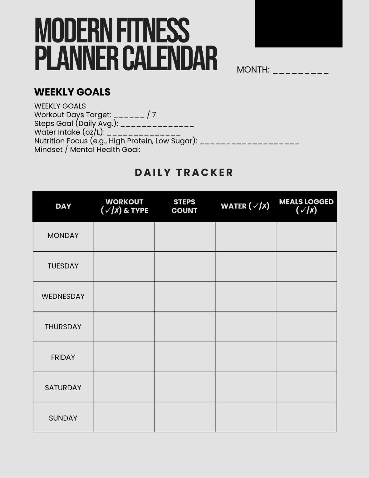 Free Modern Fitness Planner Calendar Template