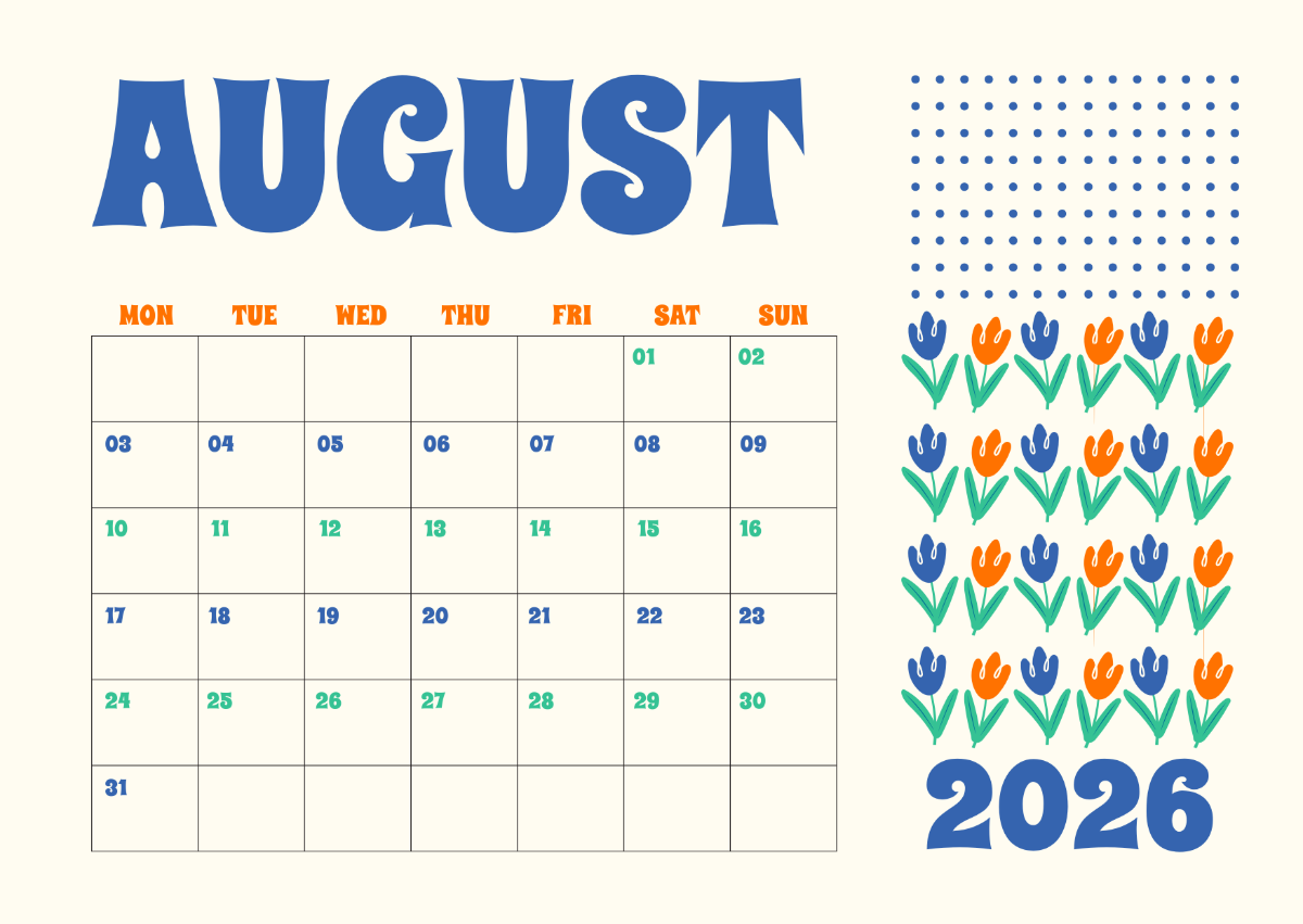 Free Simple Feminine August 2026 Calendar Template
