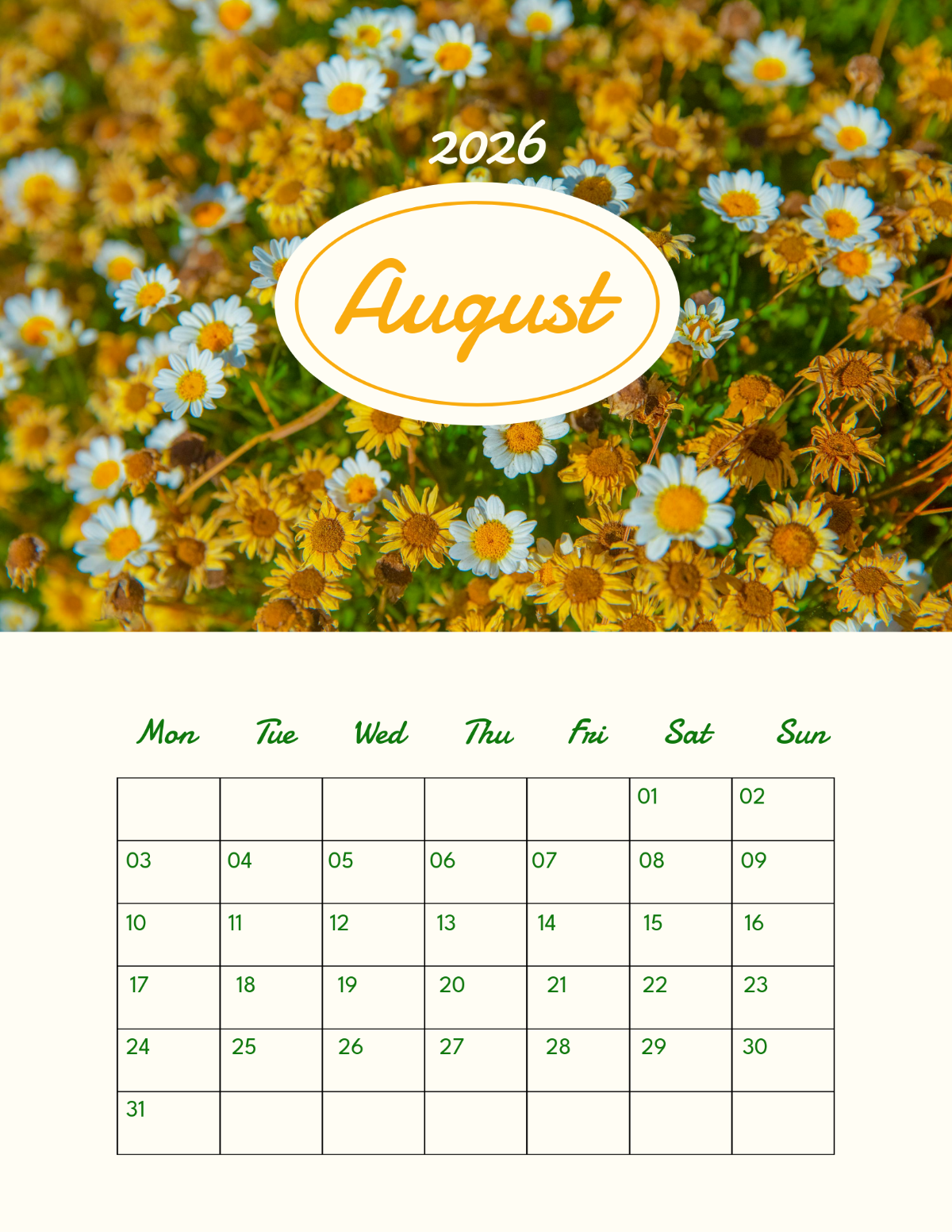 Free Garden August 2026 Calendar Template