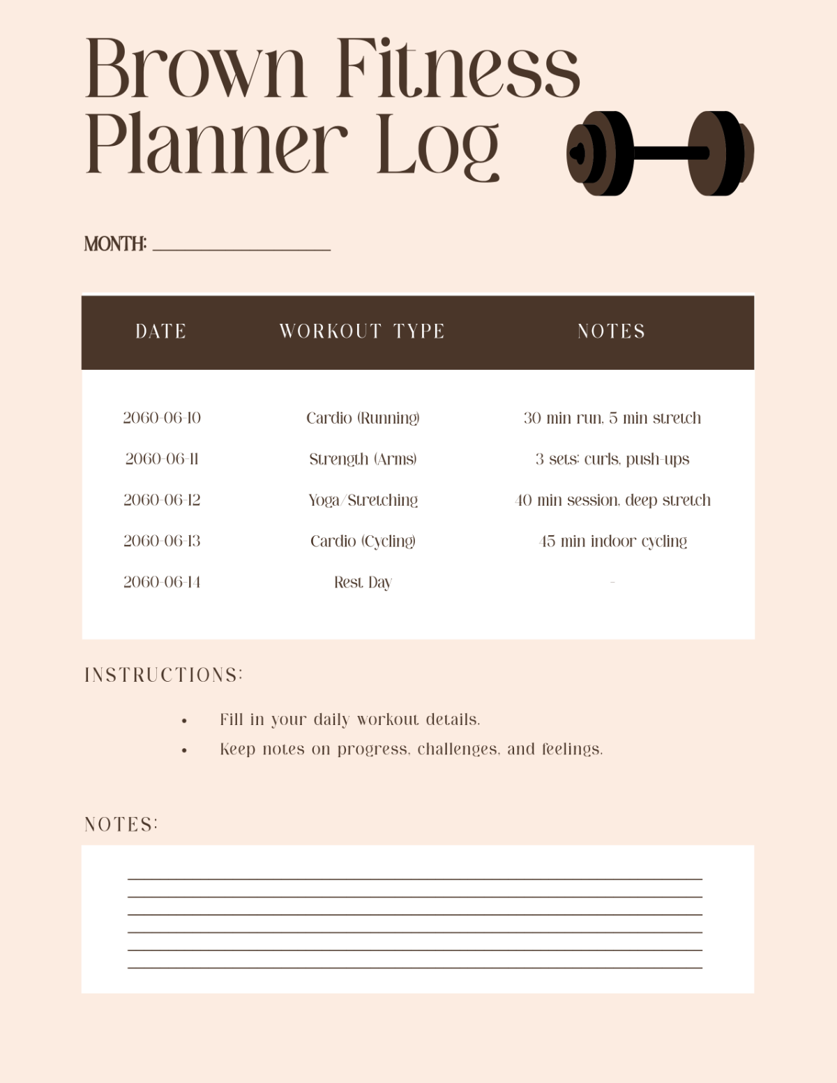Free Brown Fitness Planner Log Template