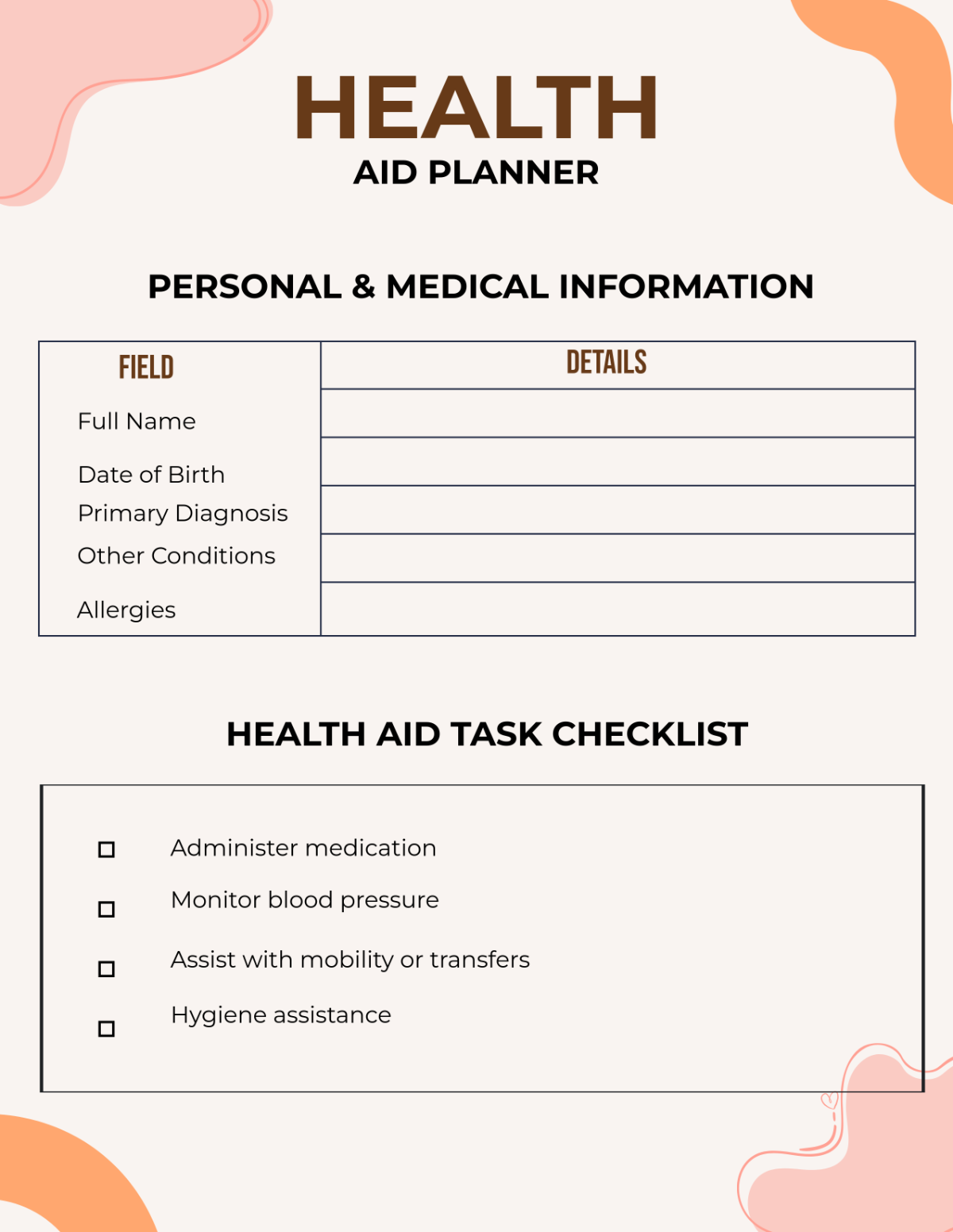 Free Creative Health Aid Planner Template
