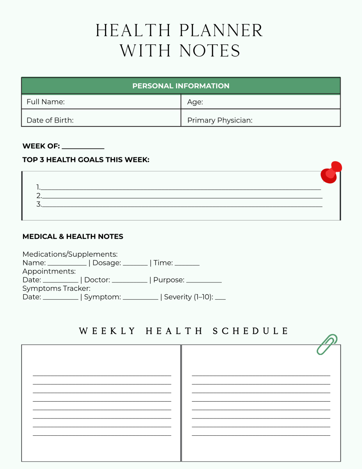 Free Health Planner with Notes Template