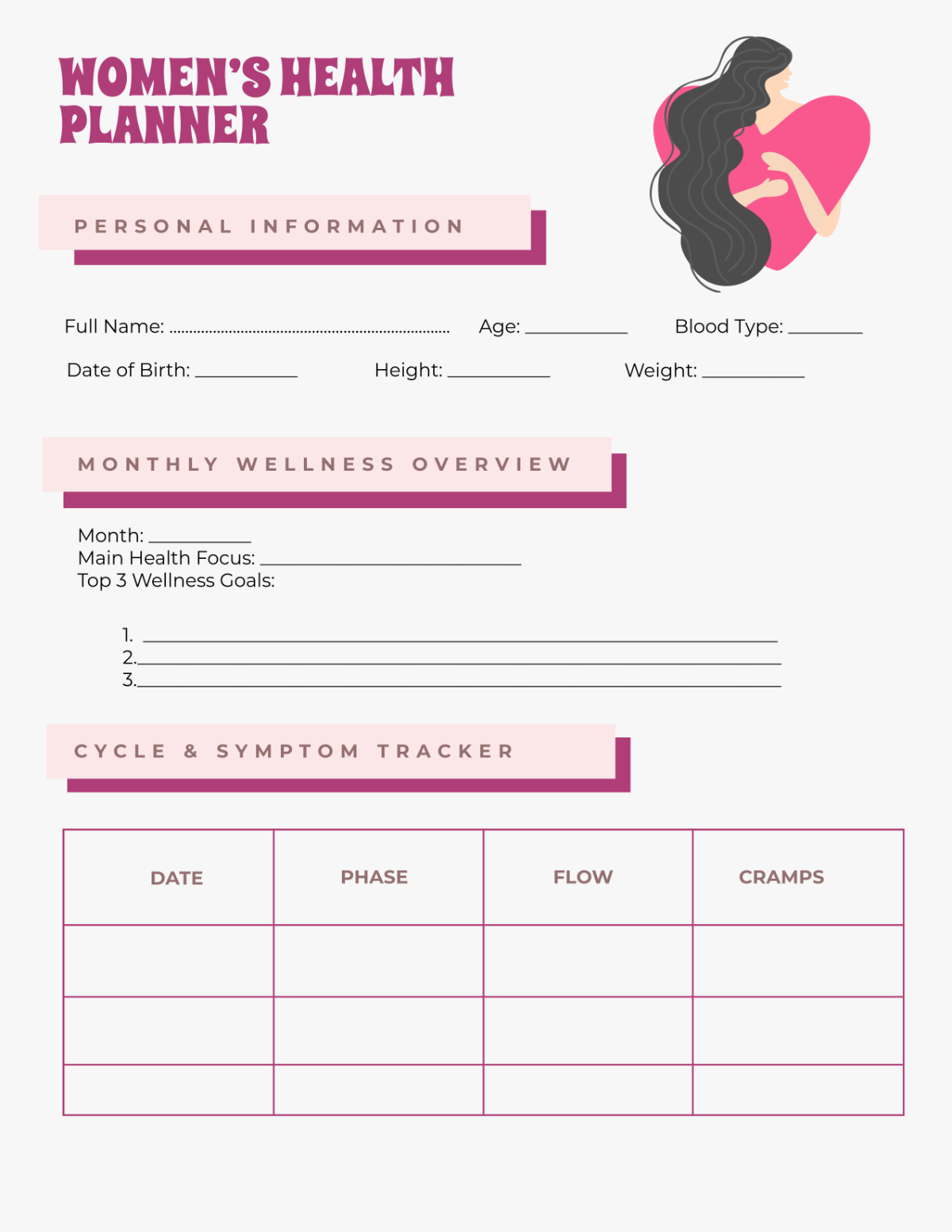 Free Pink Women’s Health Planner Template