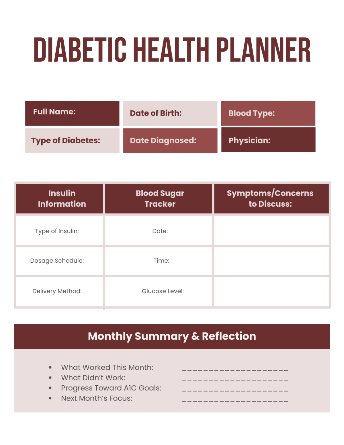 Free Diabetic Health Planner Template