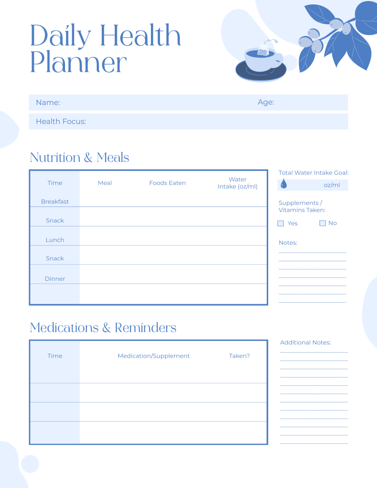 Free Daily Health Planner Template