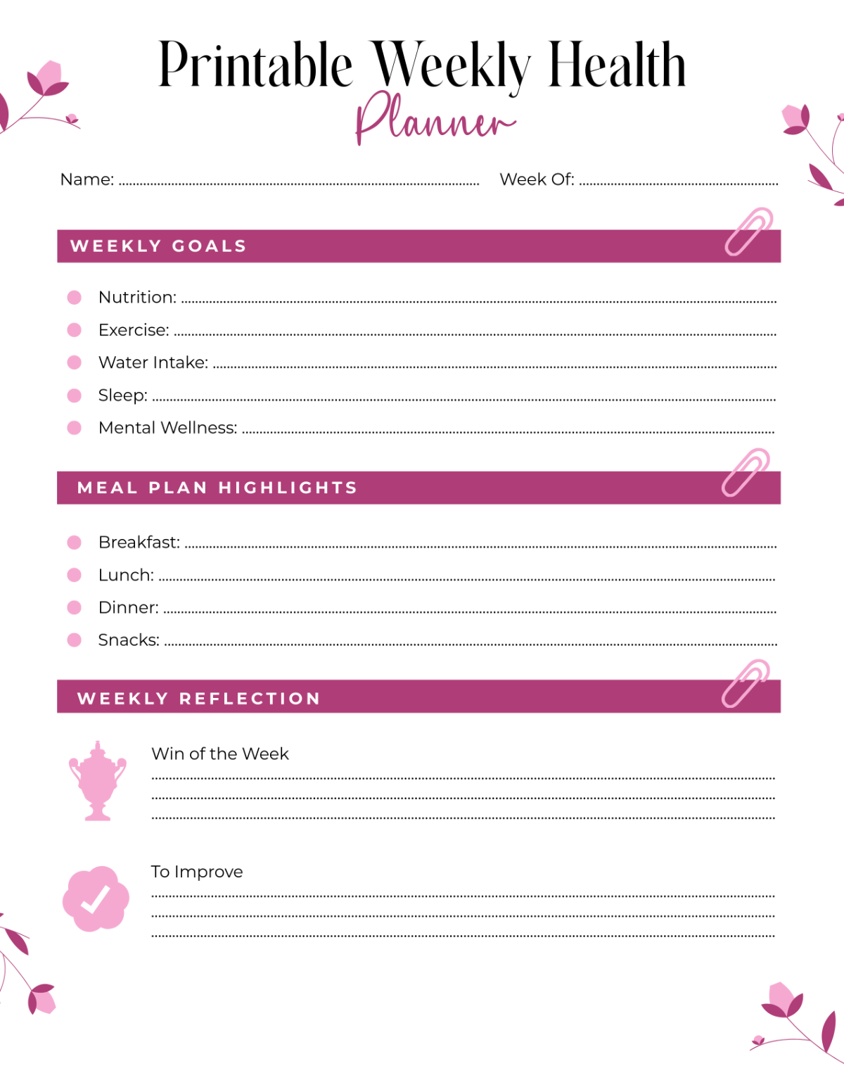Free Printable Weekly Health Planner Template