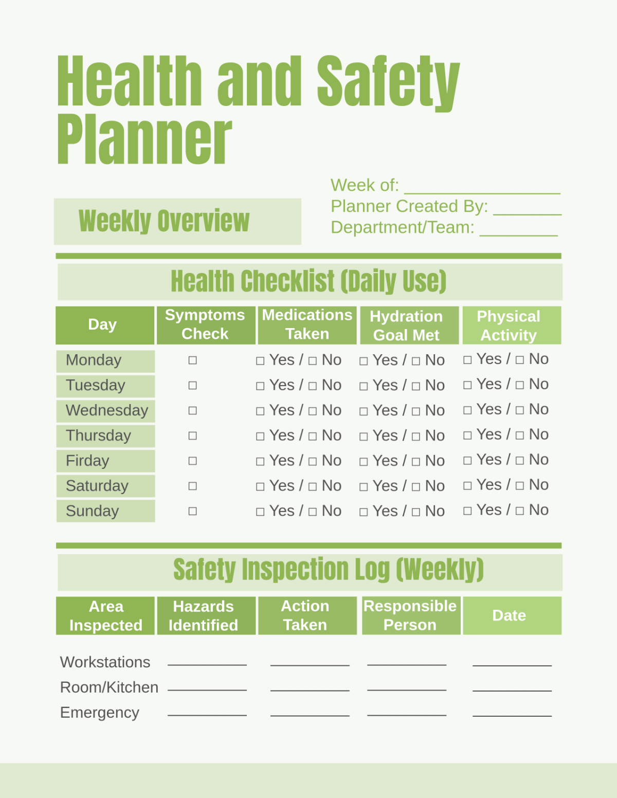 Free Health and Safety Planner Template