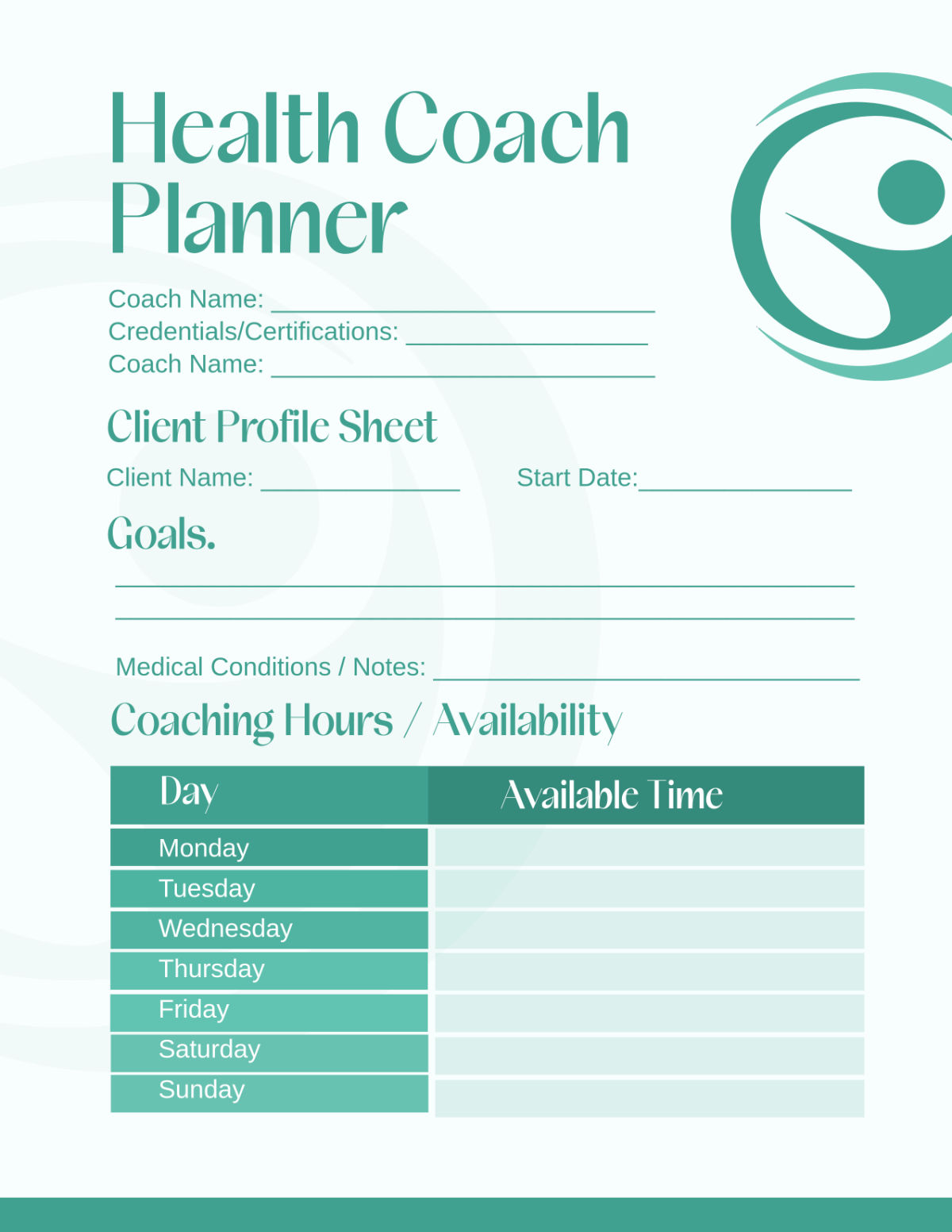 Free Editable Health Coach Planner Template