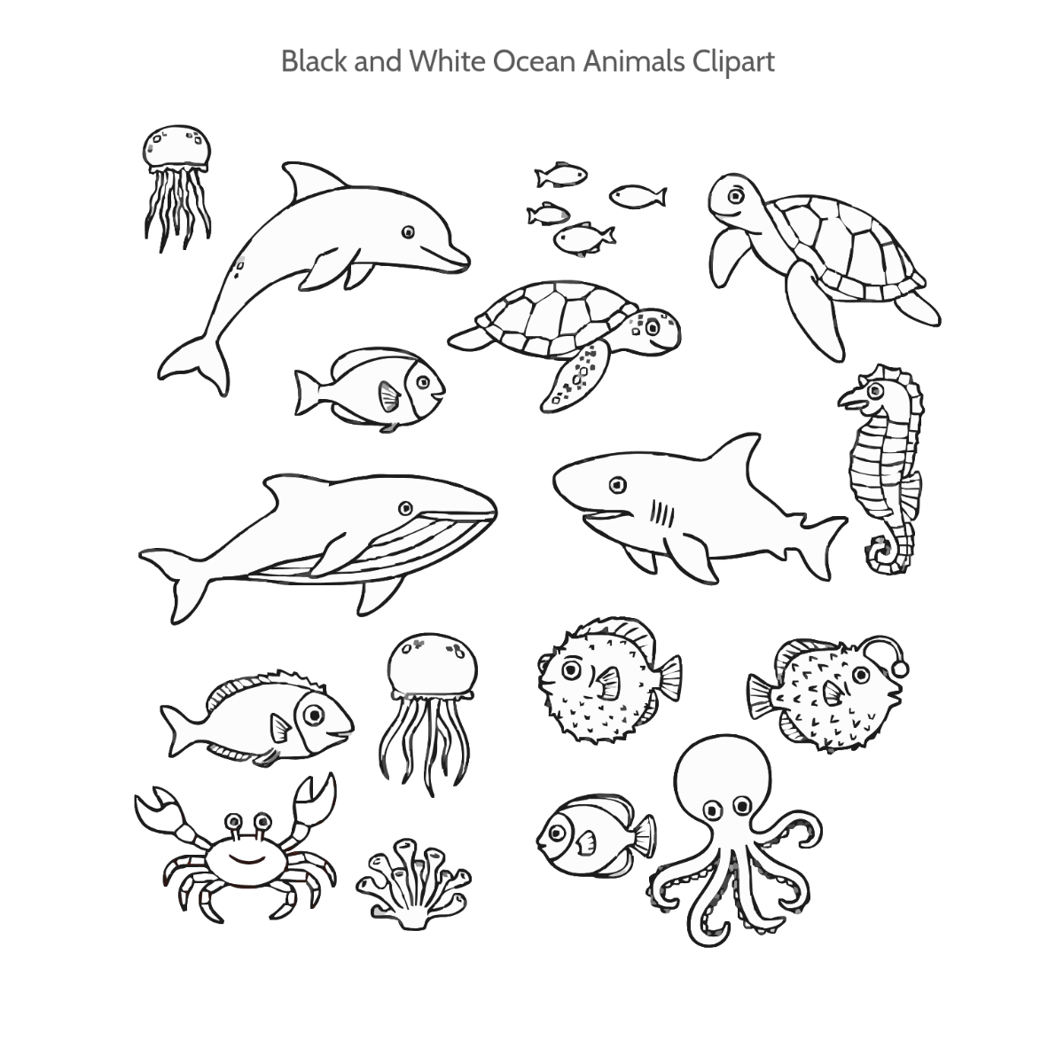 Free Black and White Ocean Animals Clipart Template