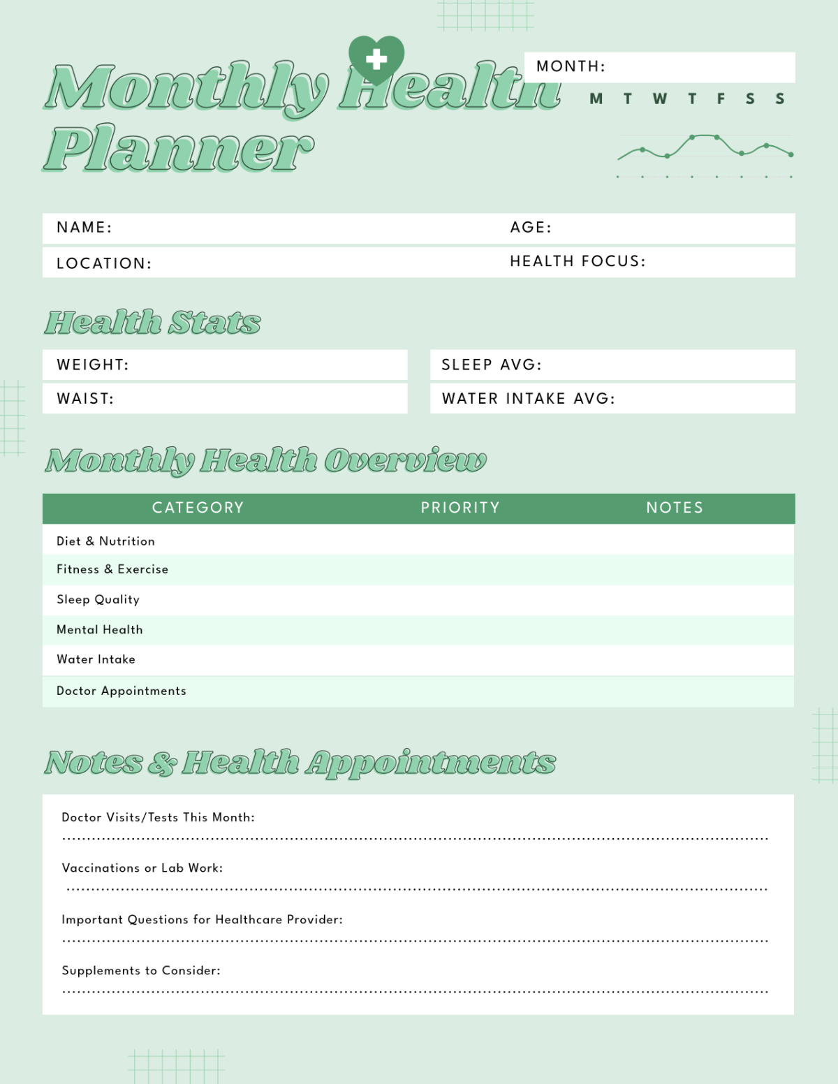 Free Monthly Health Planner Template