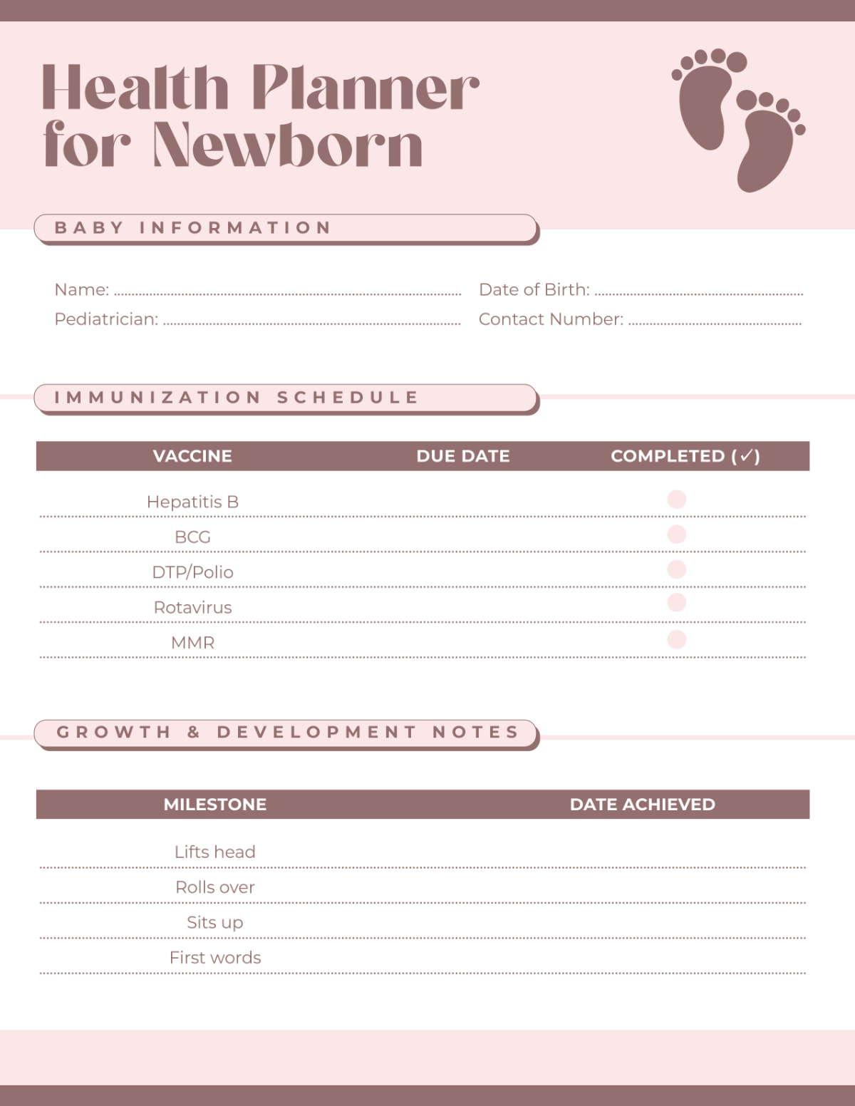 Free Health Planner for Newborn Template
