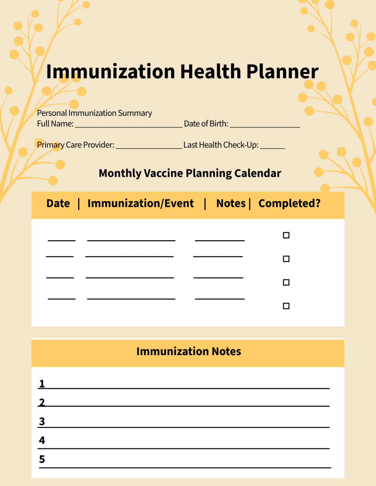 Free Immunization Heatlh Planner Template