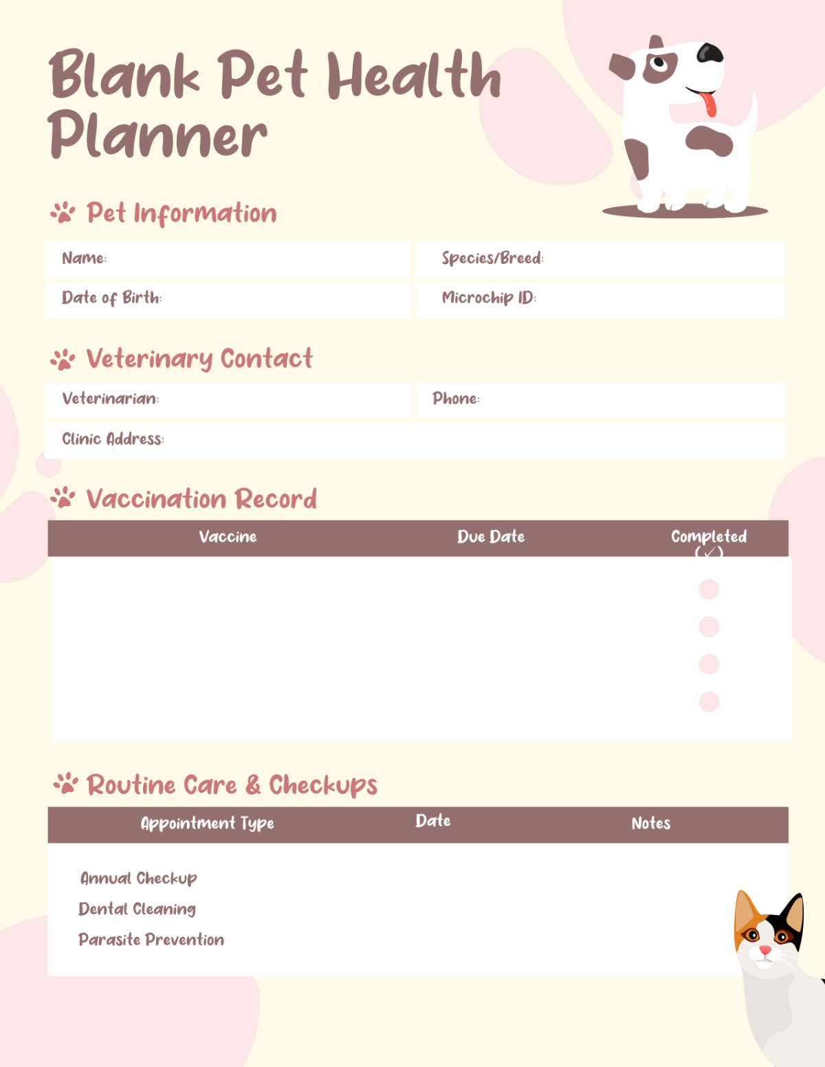 Free Blank Pet Health Planner Template