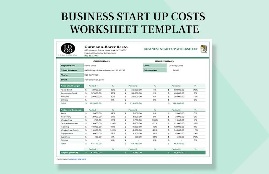 Business Start Up Costs Worksheet Template