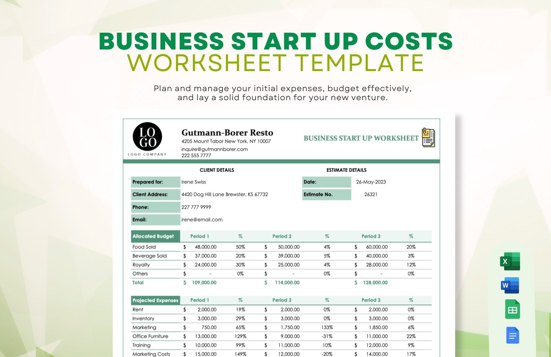 Business Start Up Costs Worksheet Template in Word, Google Docs, Excel, Google Sheets