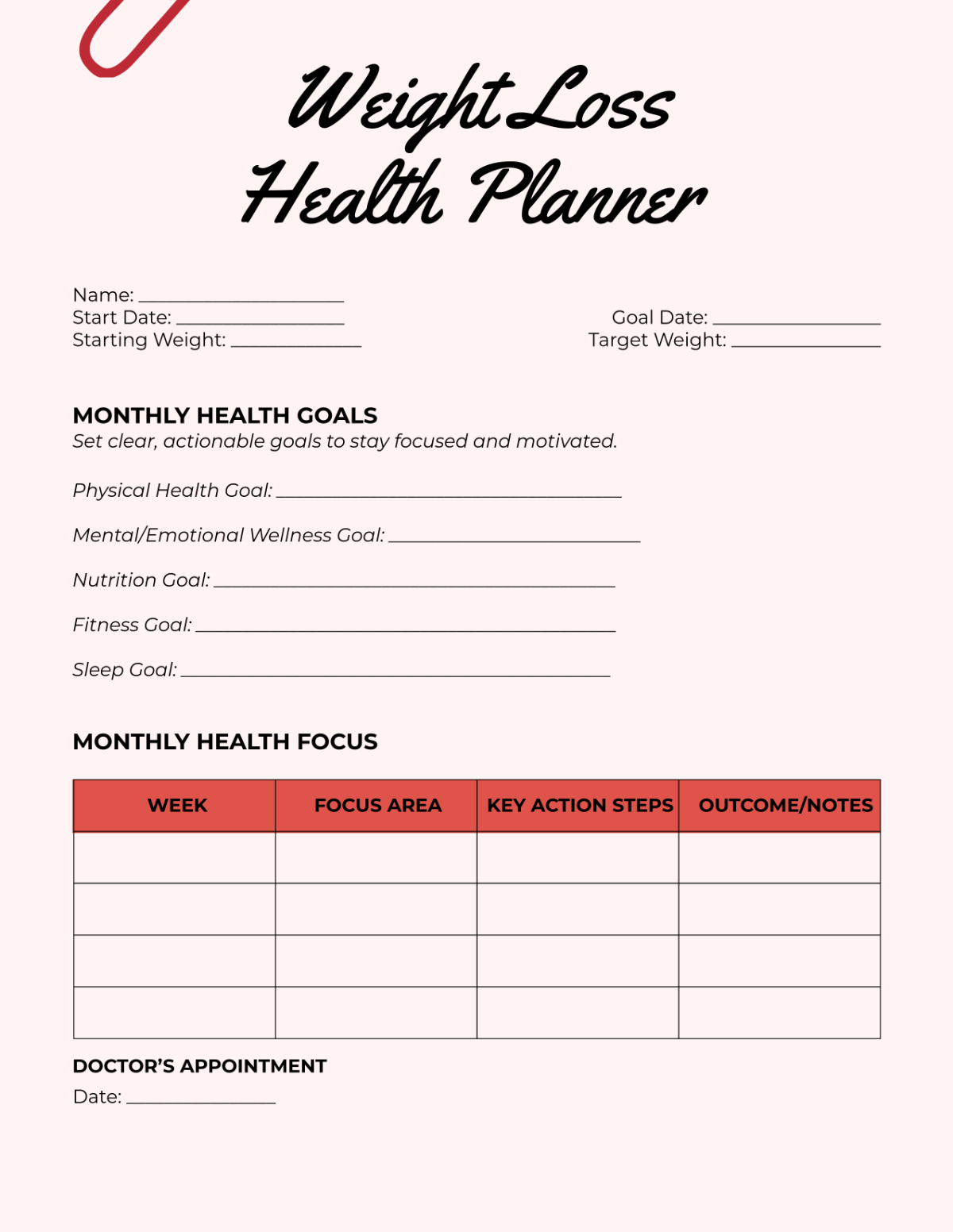 Free Weight Loss Health Planner Template