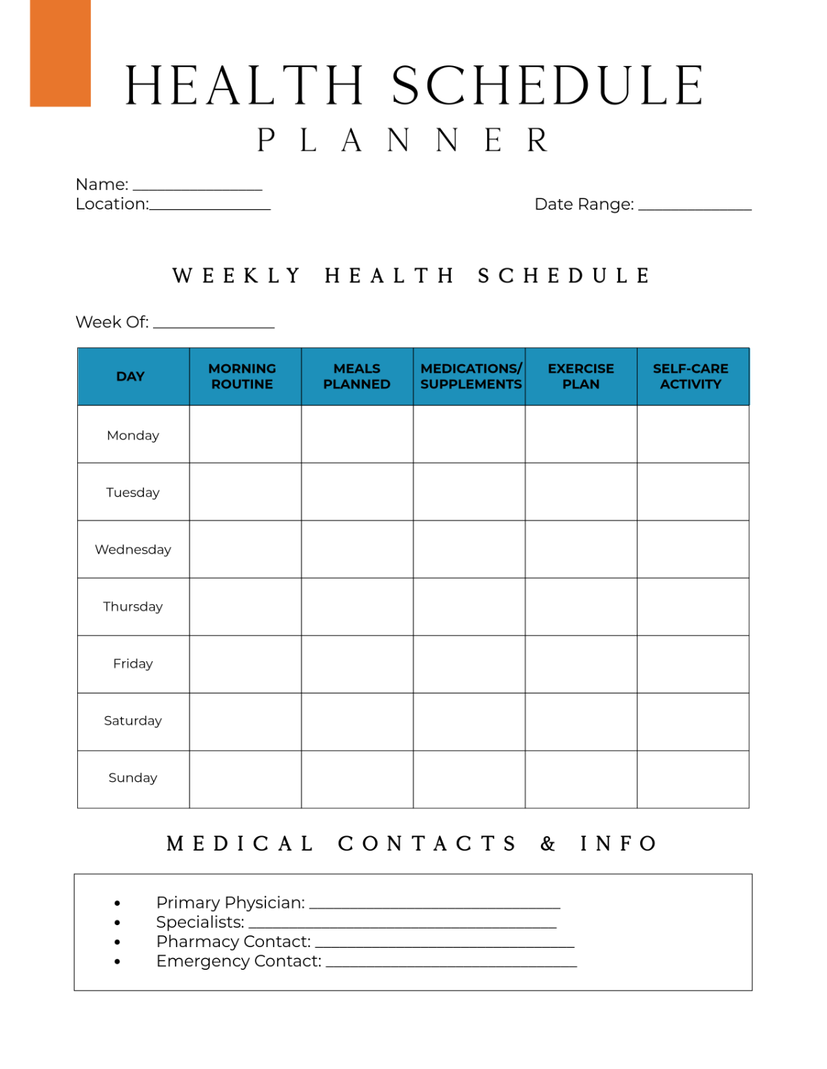 Free Professional Health Schedule Planner Template