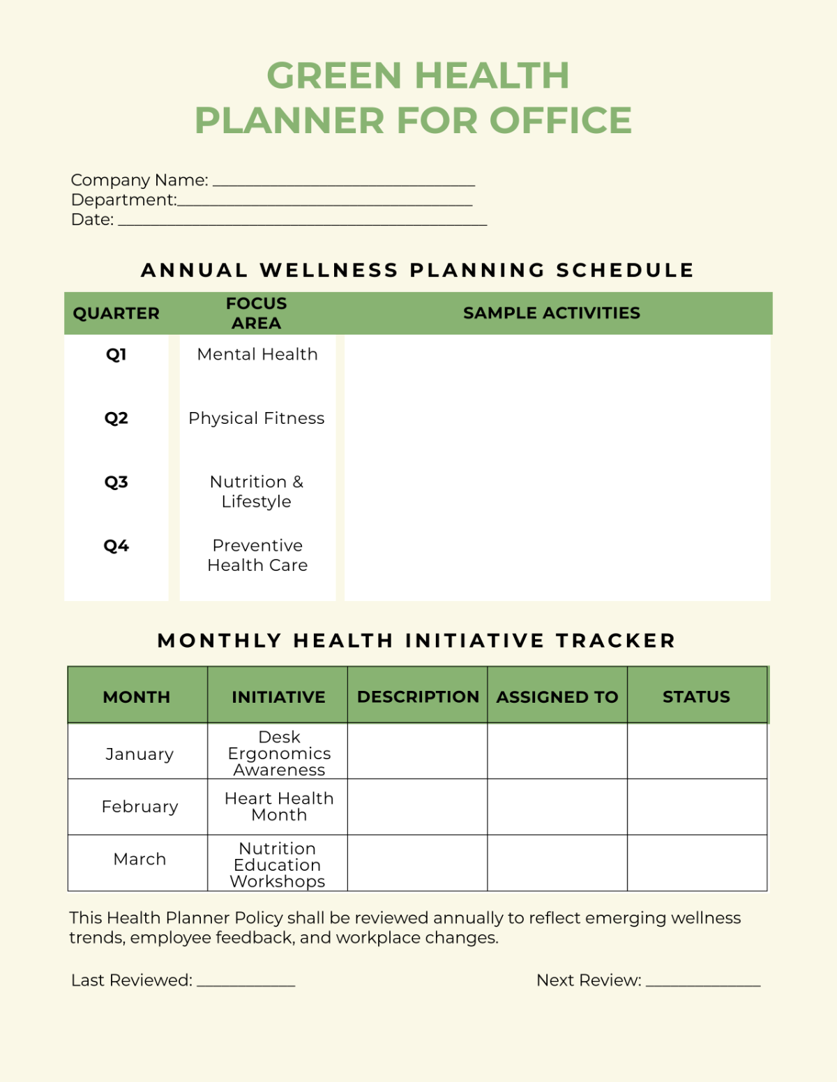 Free Green Health Planner for Office Template