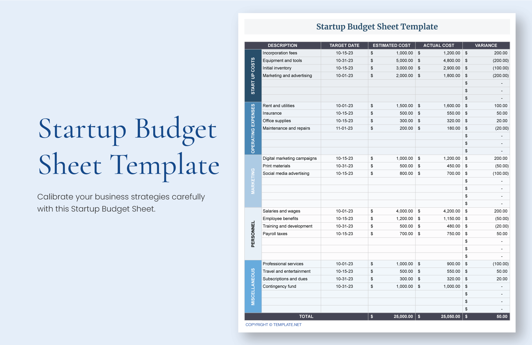 Startup Budget Sheet Template