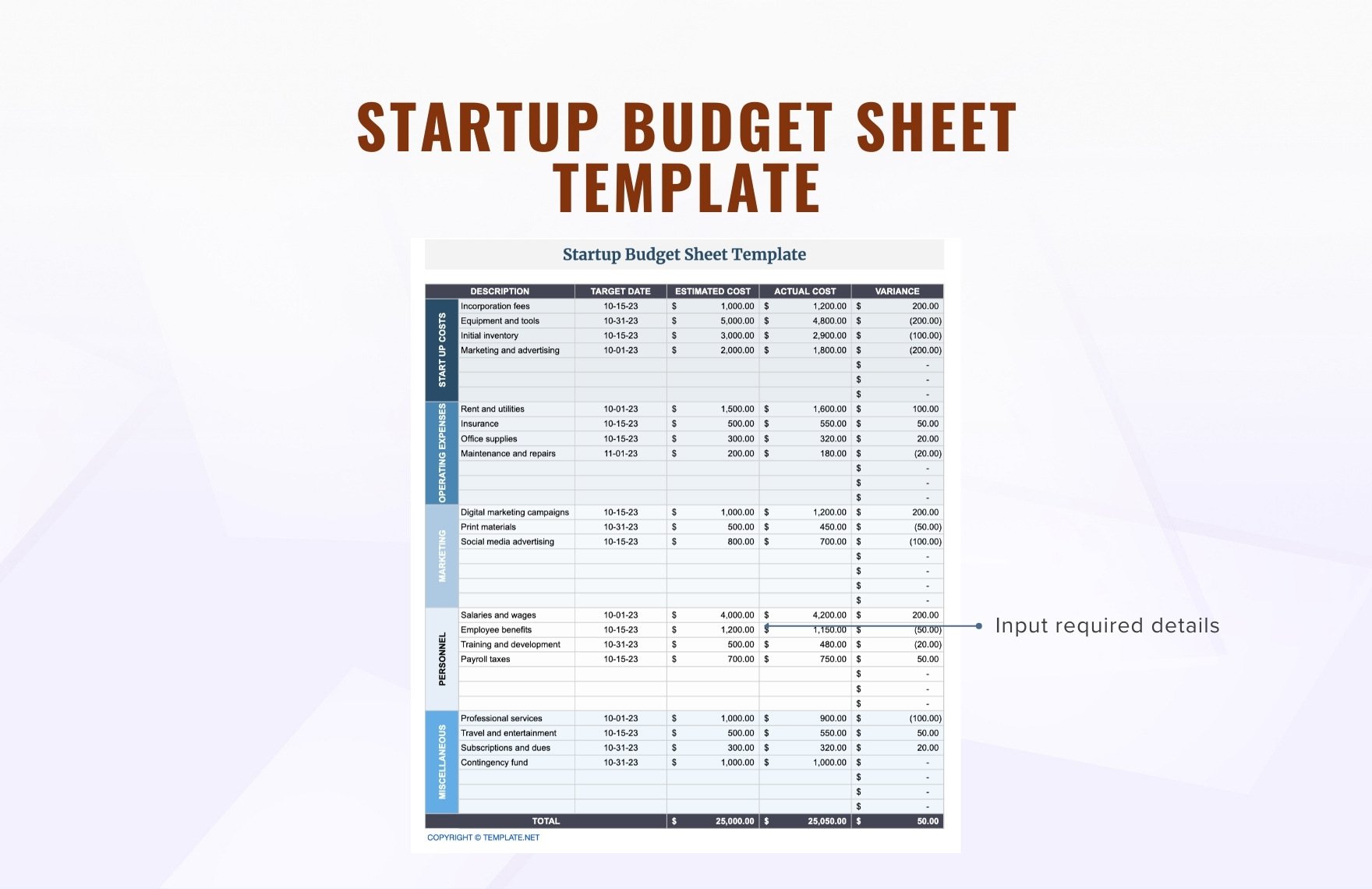 Startup Budget Sheet Template