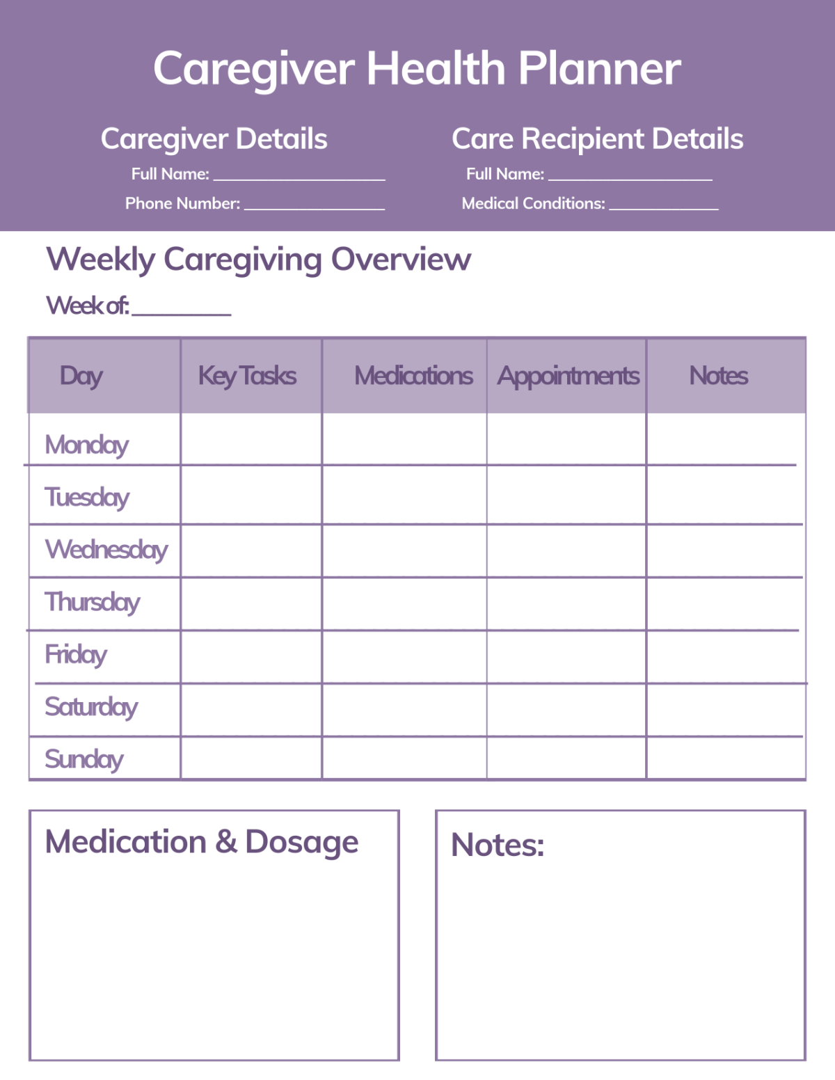 Free Caregiver Health Planner Template