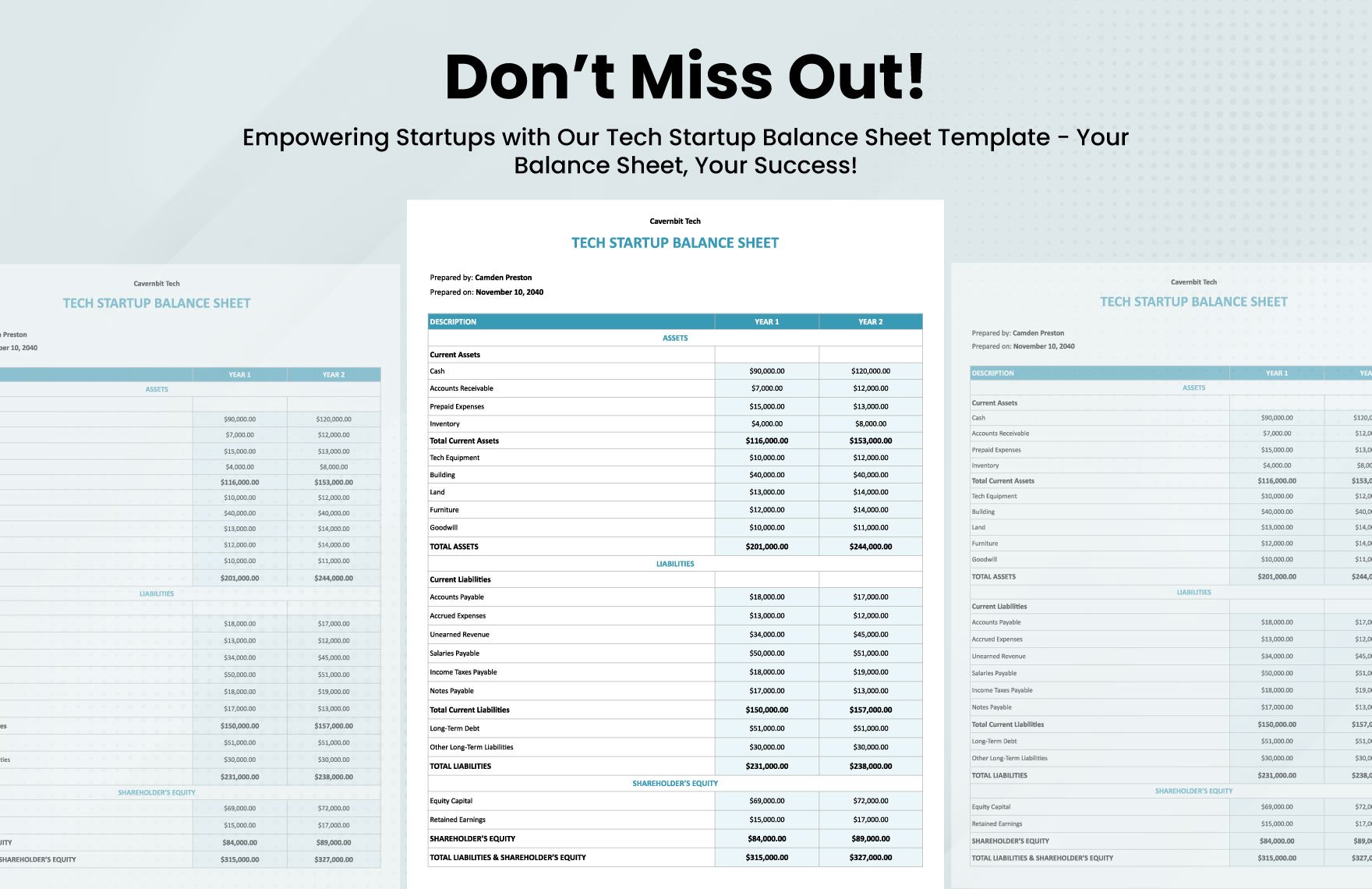 Tech Startup Balance Sheet Template