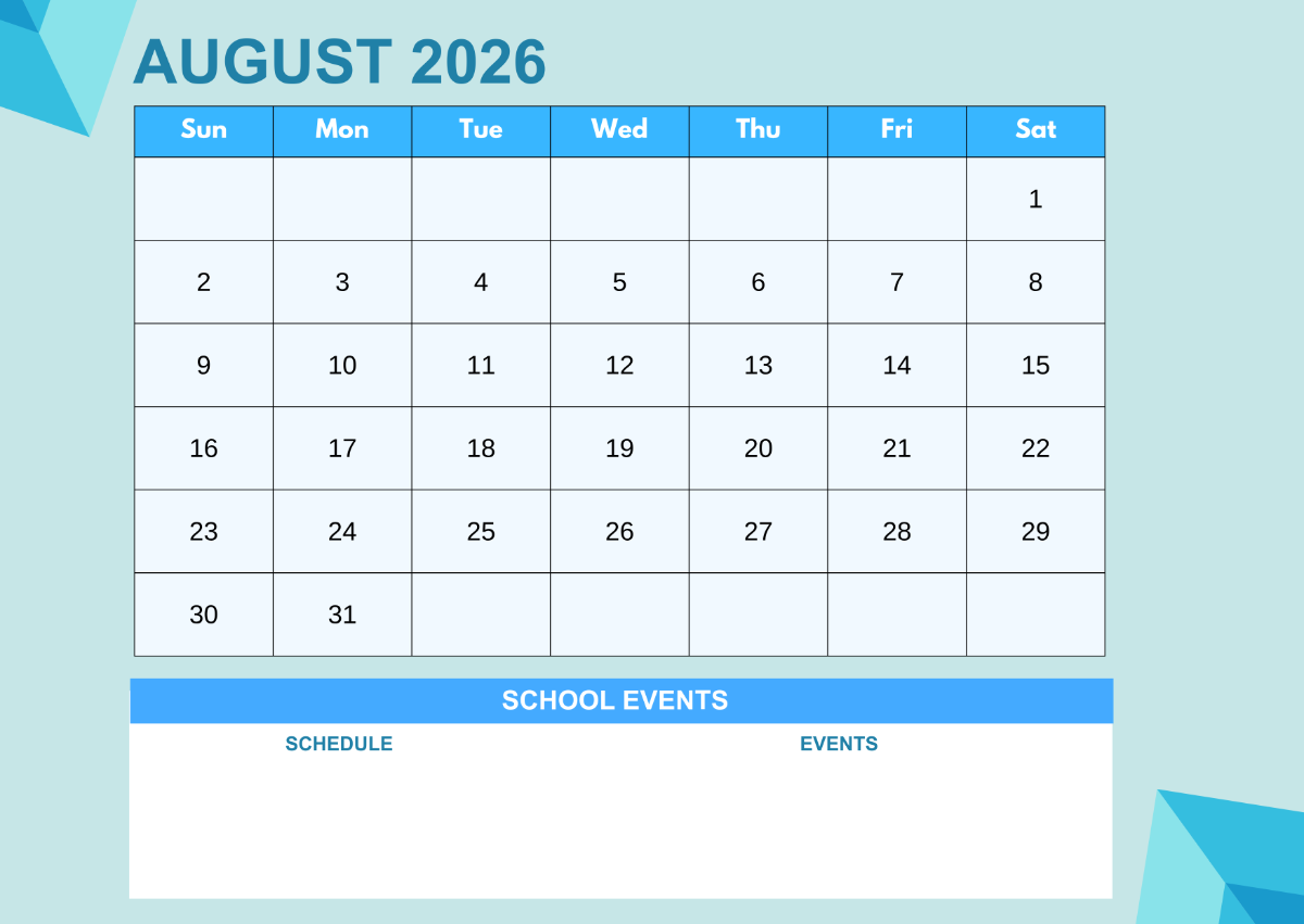 Free August 2026 Calendar for School Template