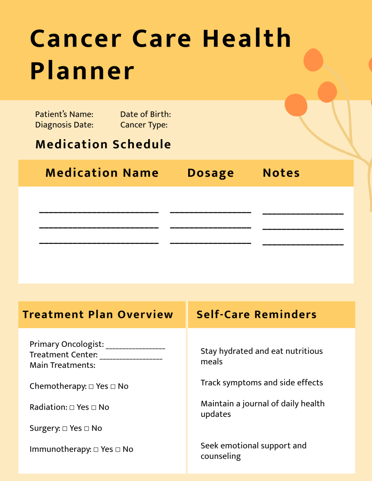 Free Cancer Health Care Planner Template