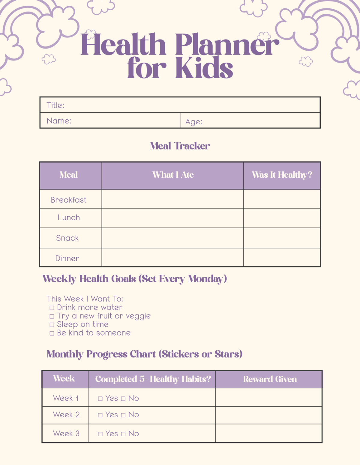 Free Colorful Health Planner for Kids Template